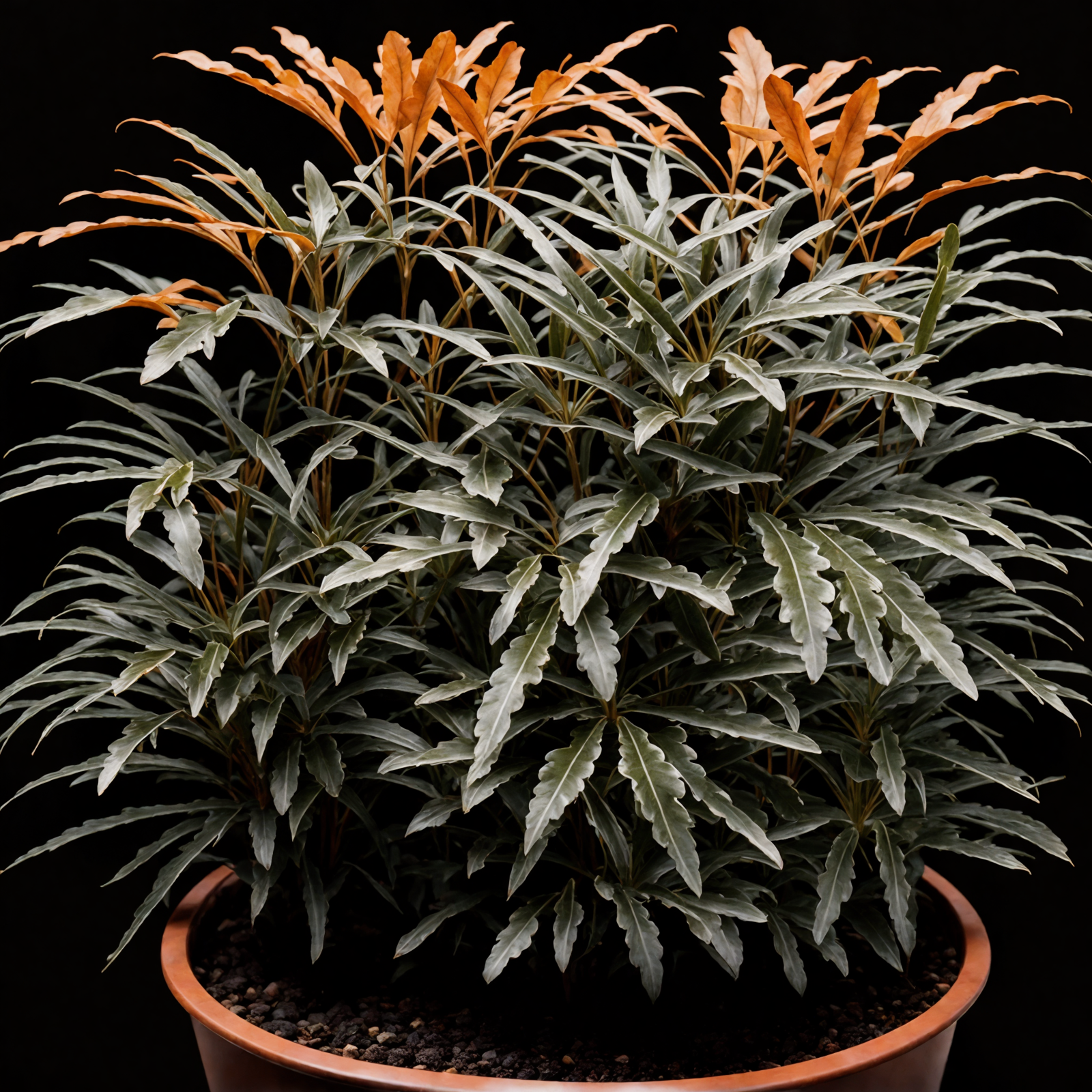 Plerandra elegantissima in a brown planter, with its lush leaves against a dark backdrop, well-lit and hyper-realistic.