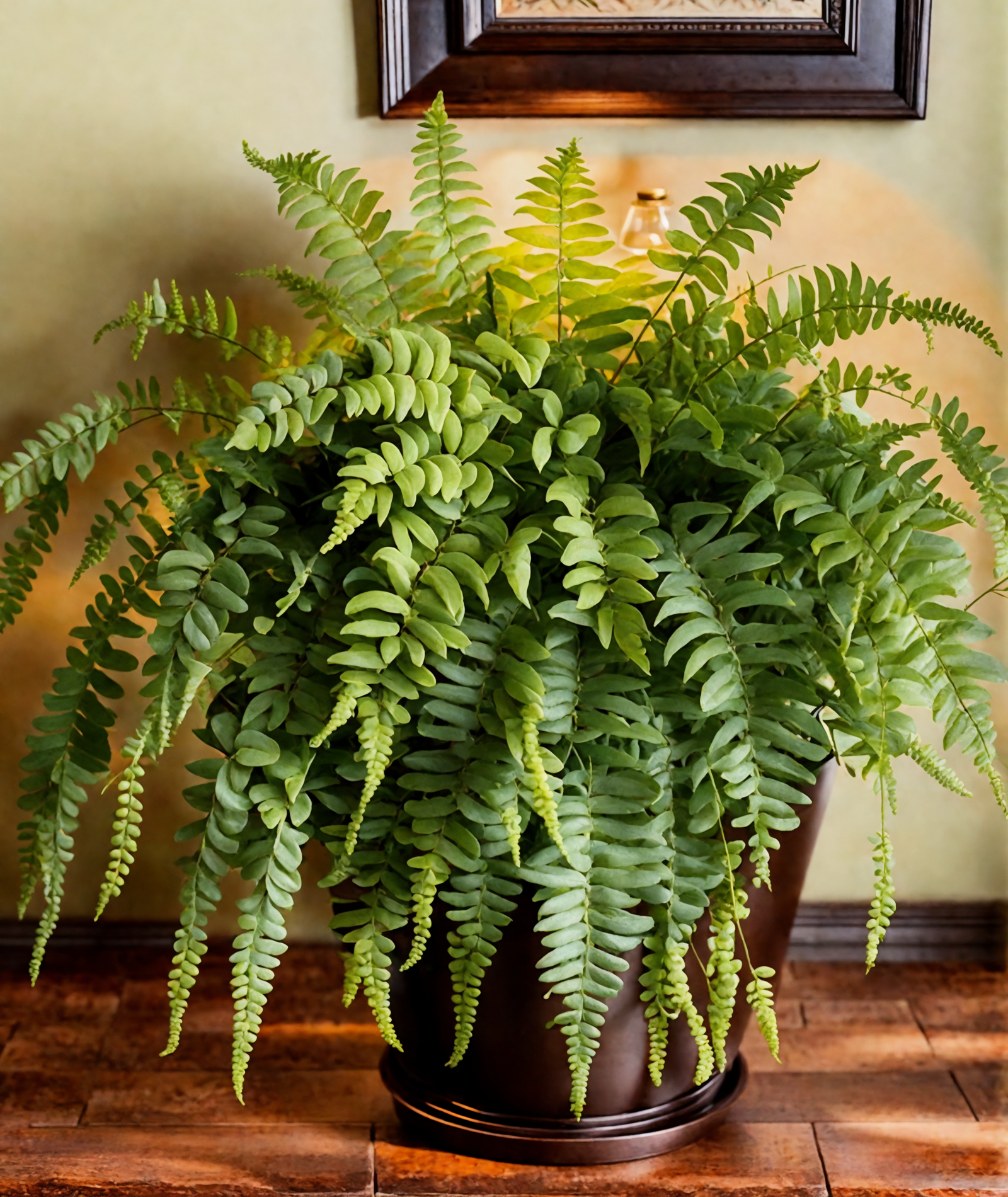 Nephrolepis exaltata (Boston fern) in a black bowl on a wooden floor, with neutral, rustic indoor decor.