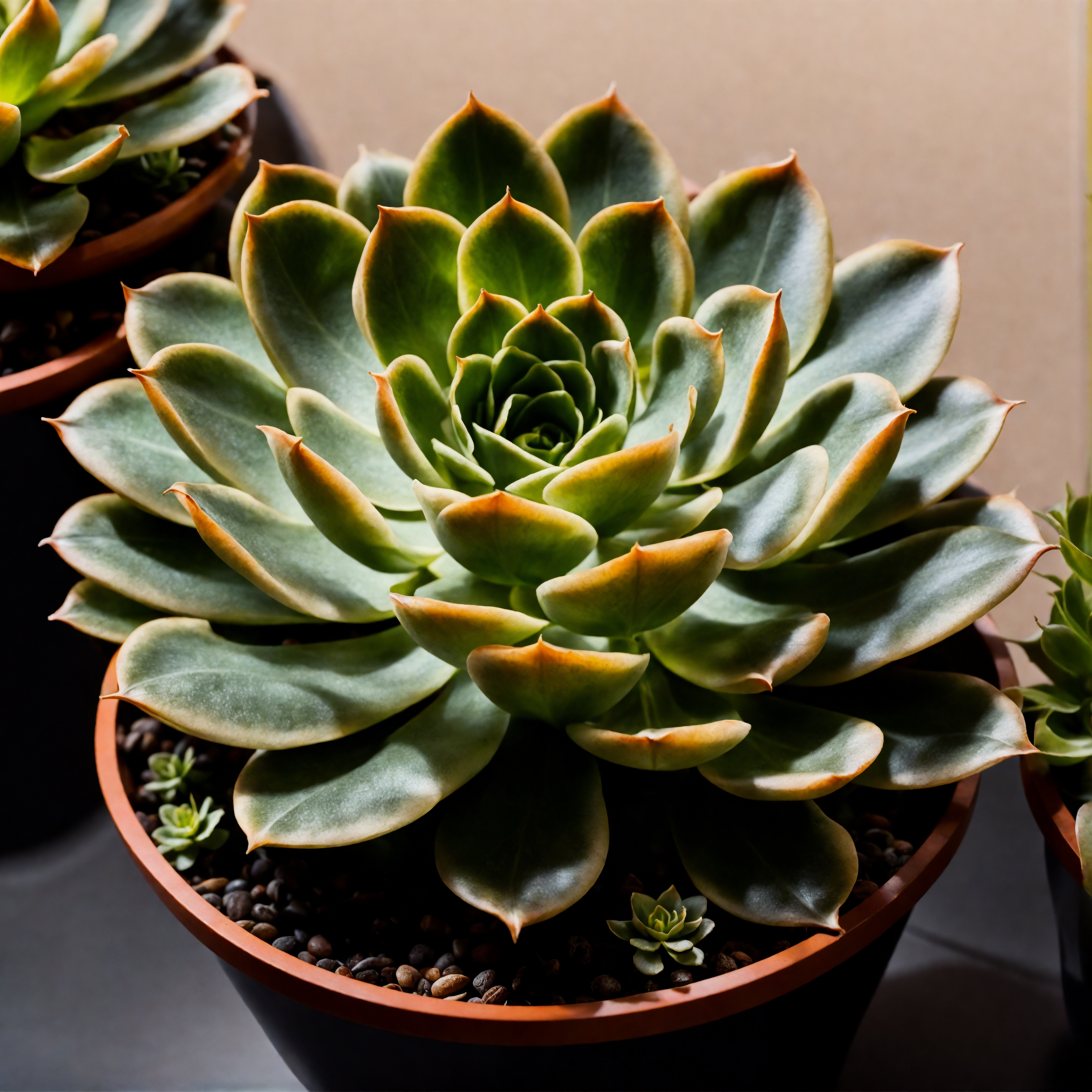 Echeveria elegans in a bowl planter, with clear lighting against a dark background, as part of indoor decor.
