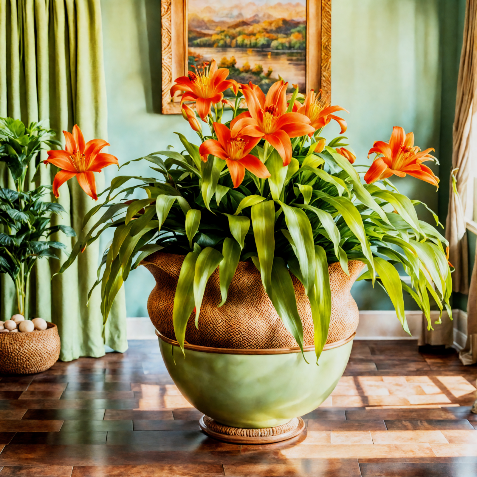 Orange daylilies (Hemerocallis fulva) in a green bowl on a wooden floor, with clear, neutral lighting.