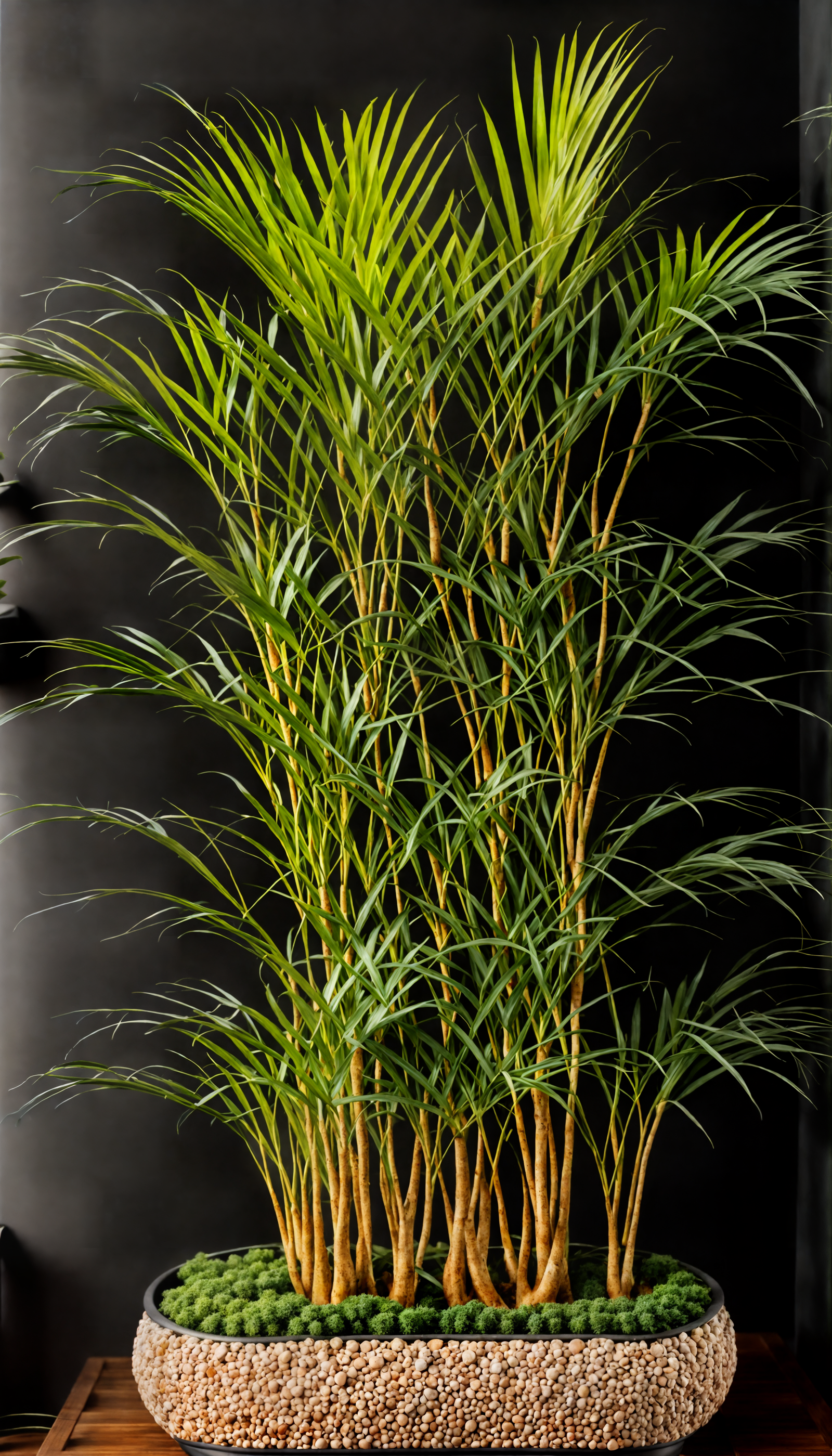 Dypsis lutescens (Areca Palm) in a planter on a wooden table, with clear lighting and a dark background.