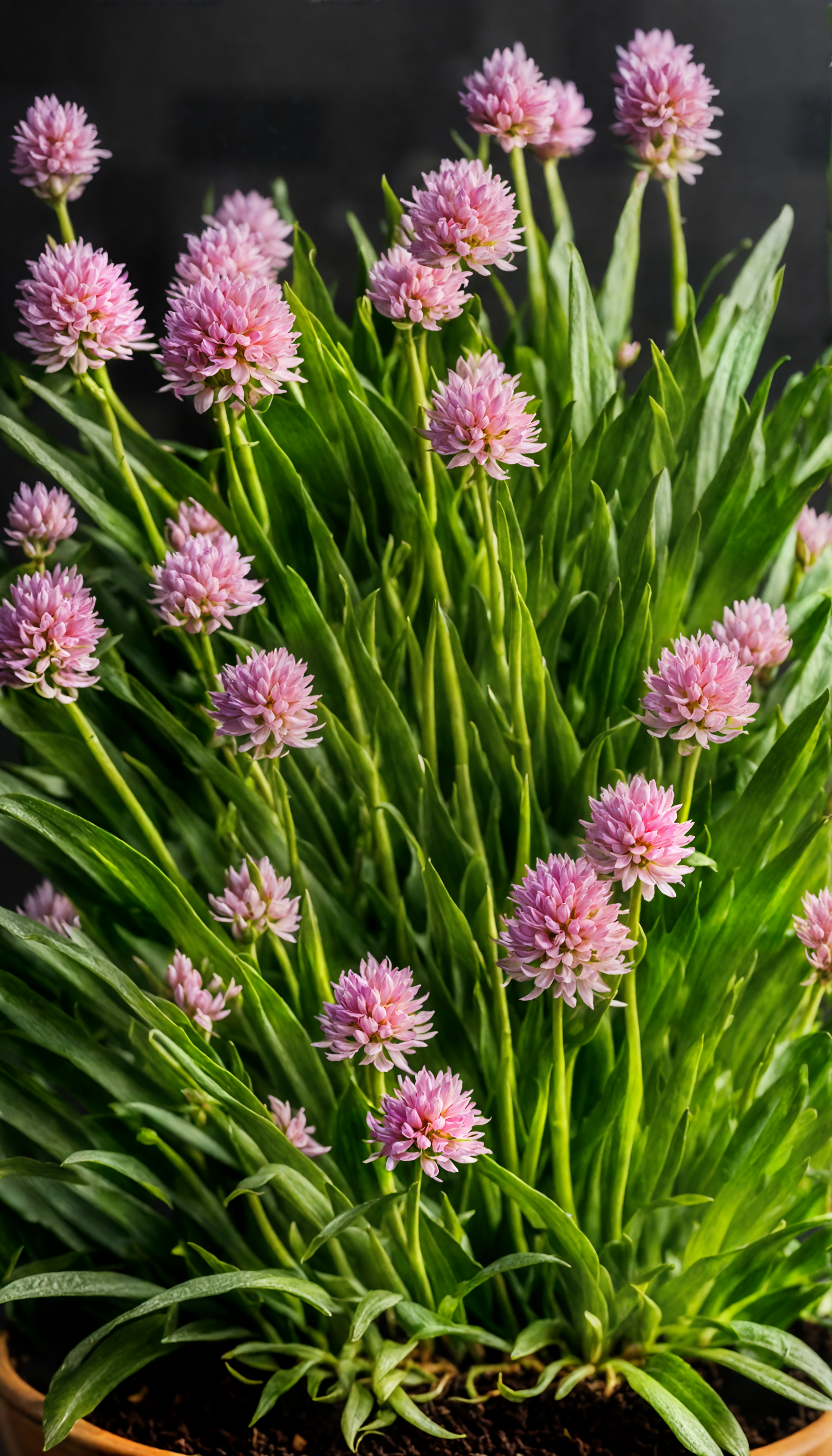 Potted Allium schoenoprasum (chives) with vibrant pink blooms, clear lighting, against a dark background.