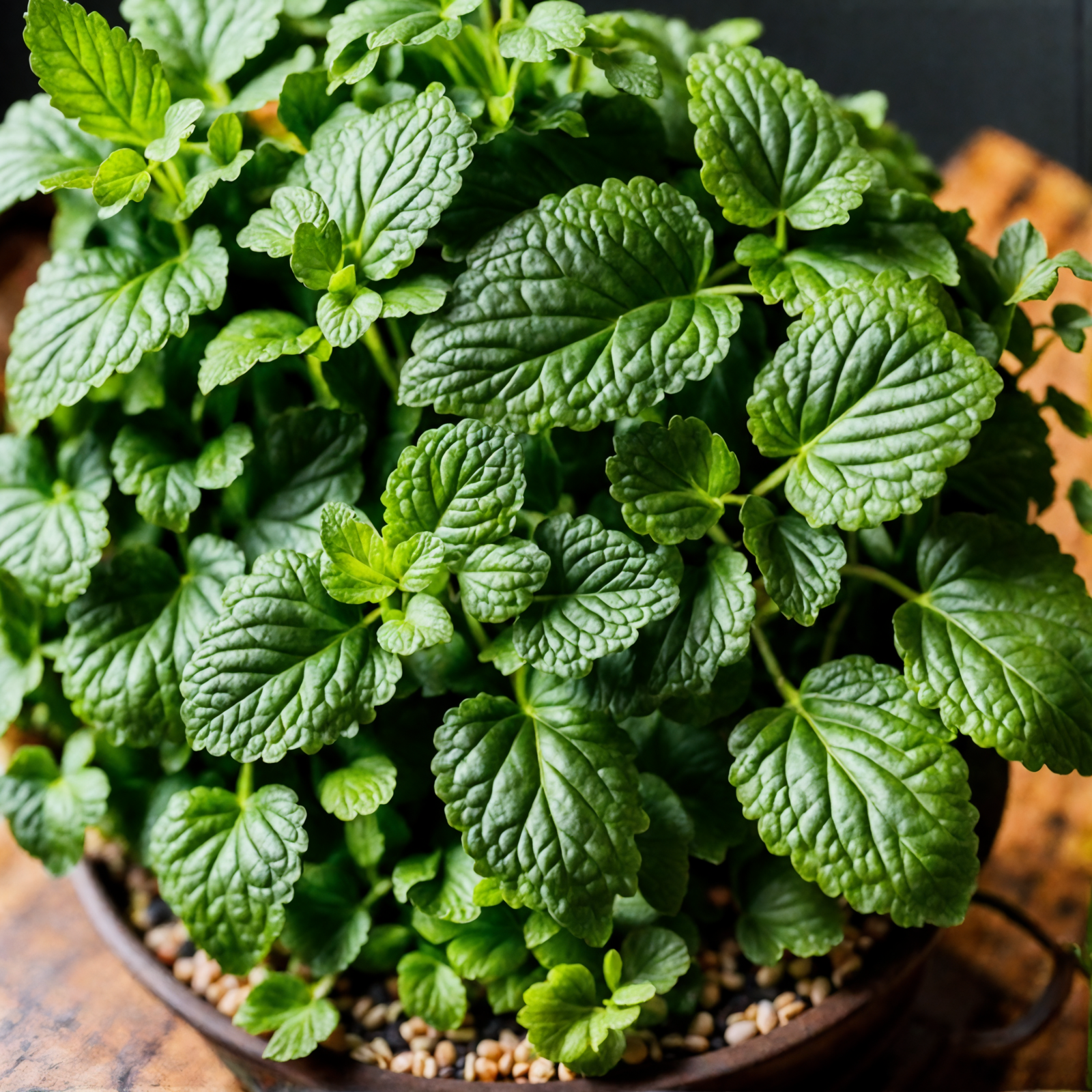 Melissa officinalis (lemon balm) in a bowl planter on a wooden table, clear lighting, dark background.