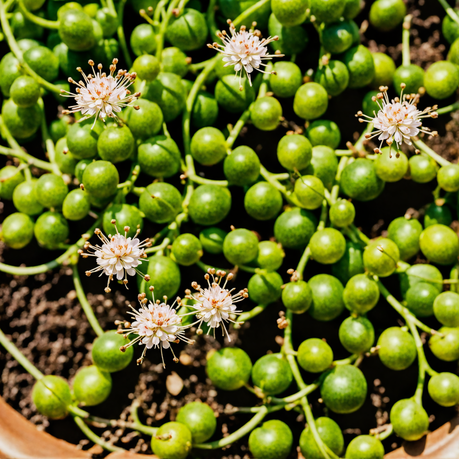 Curio rowleyanus (String of Pearls) in a planter, with trailing vines and spherical leaves, against a dark background.