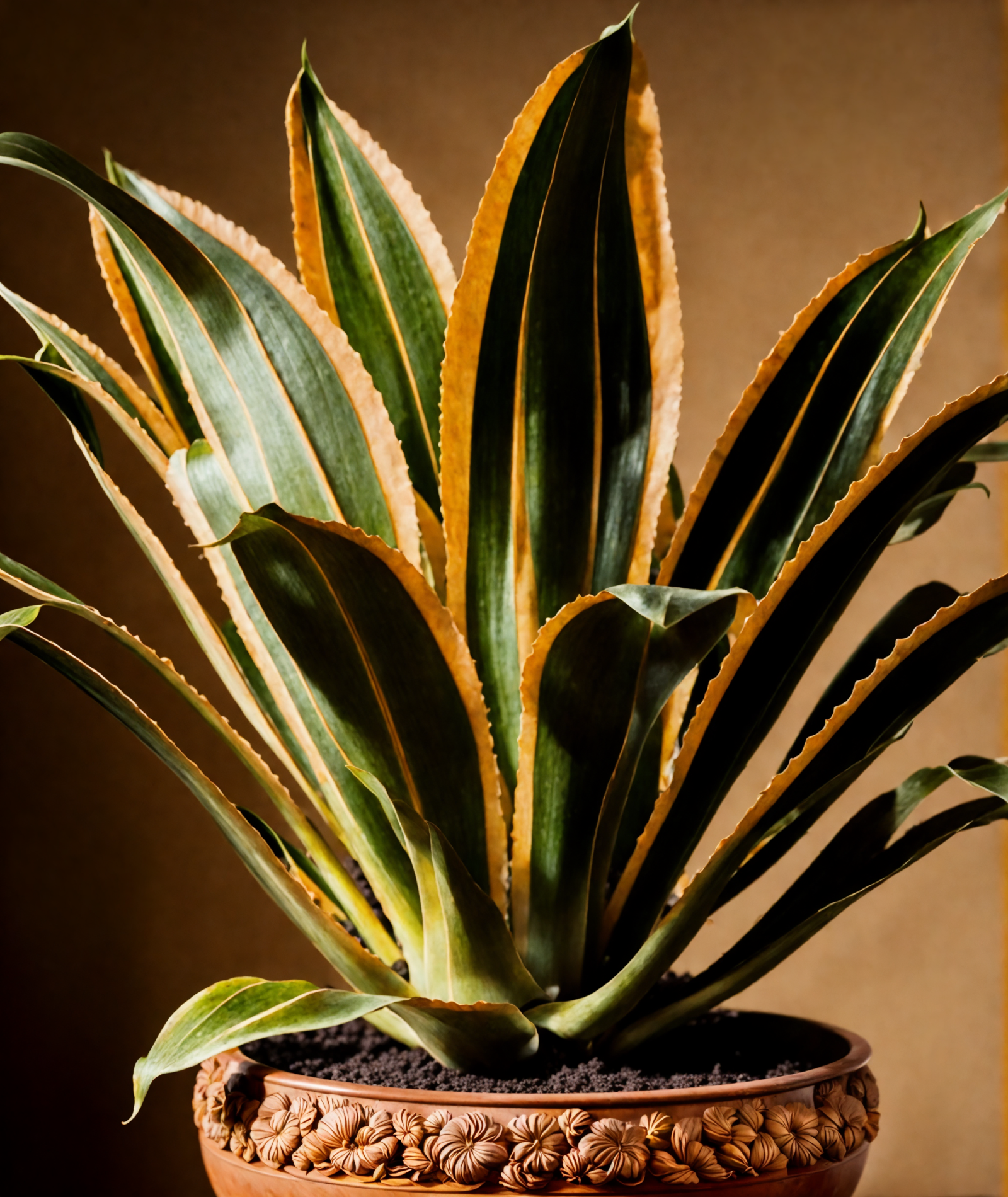 Agave americana in a planter, with a dark background and clear lighting, part of indoor decor.
