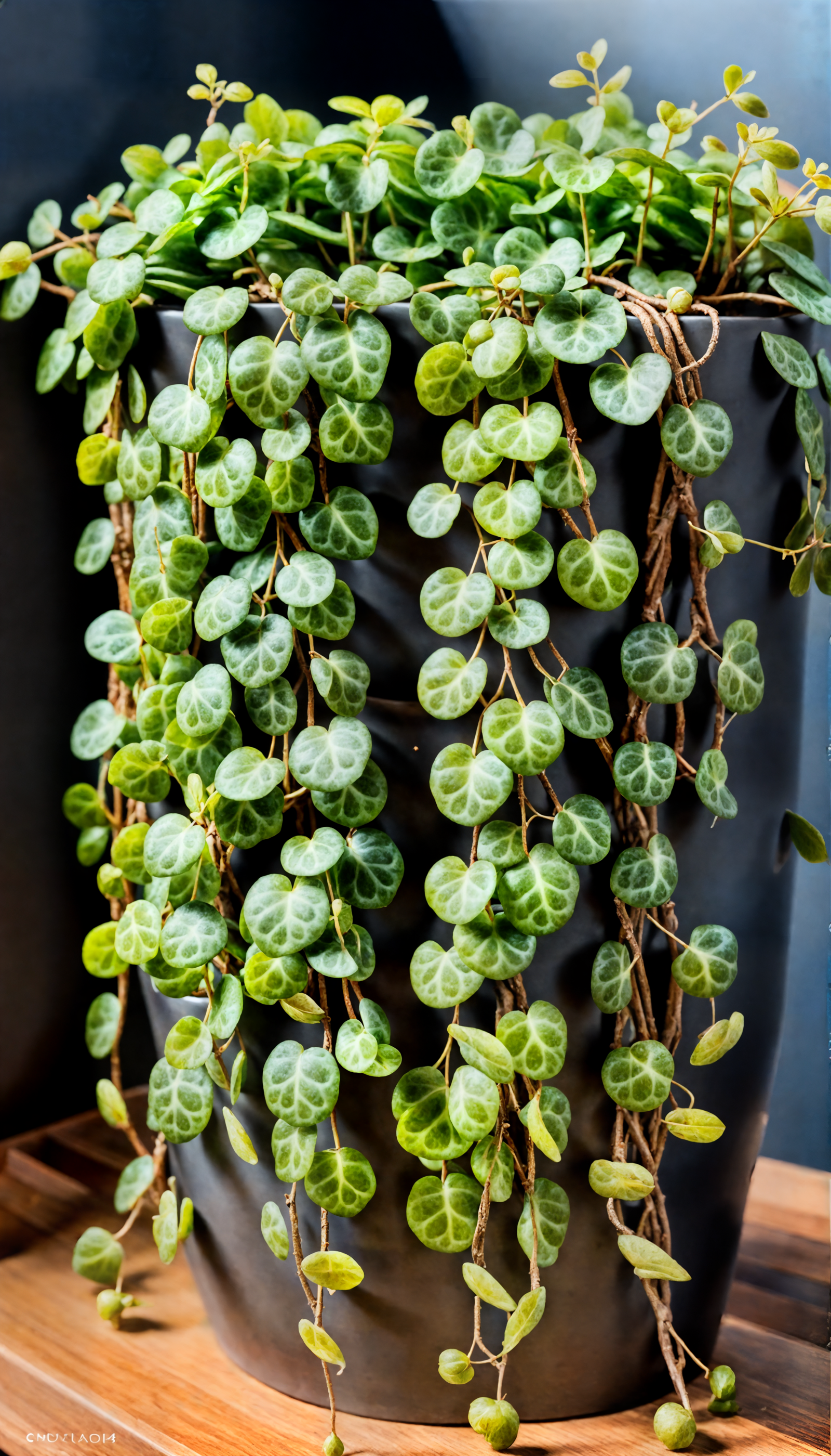 Peperomia prostrata, a trailing plant with round leaves, in a bowl planter on a wooden surface, well-lit.