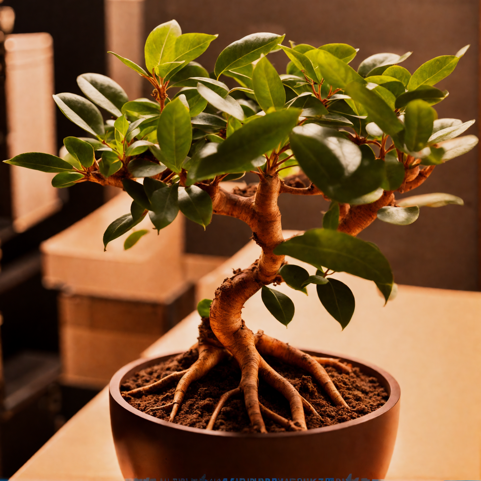 Ficus microcarpa in a bowl planter with leaves, set against a dark background with clear, neutral lighting.