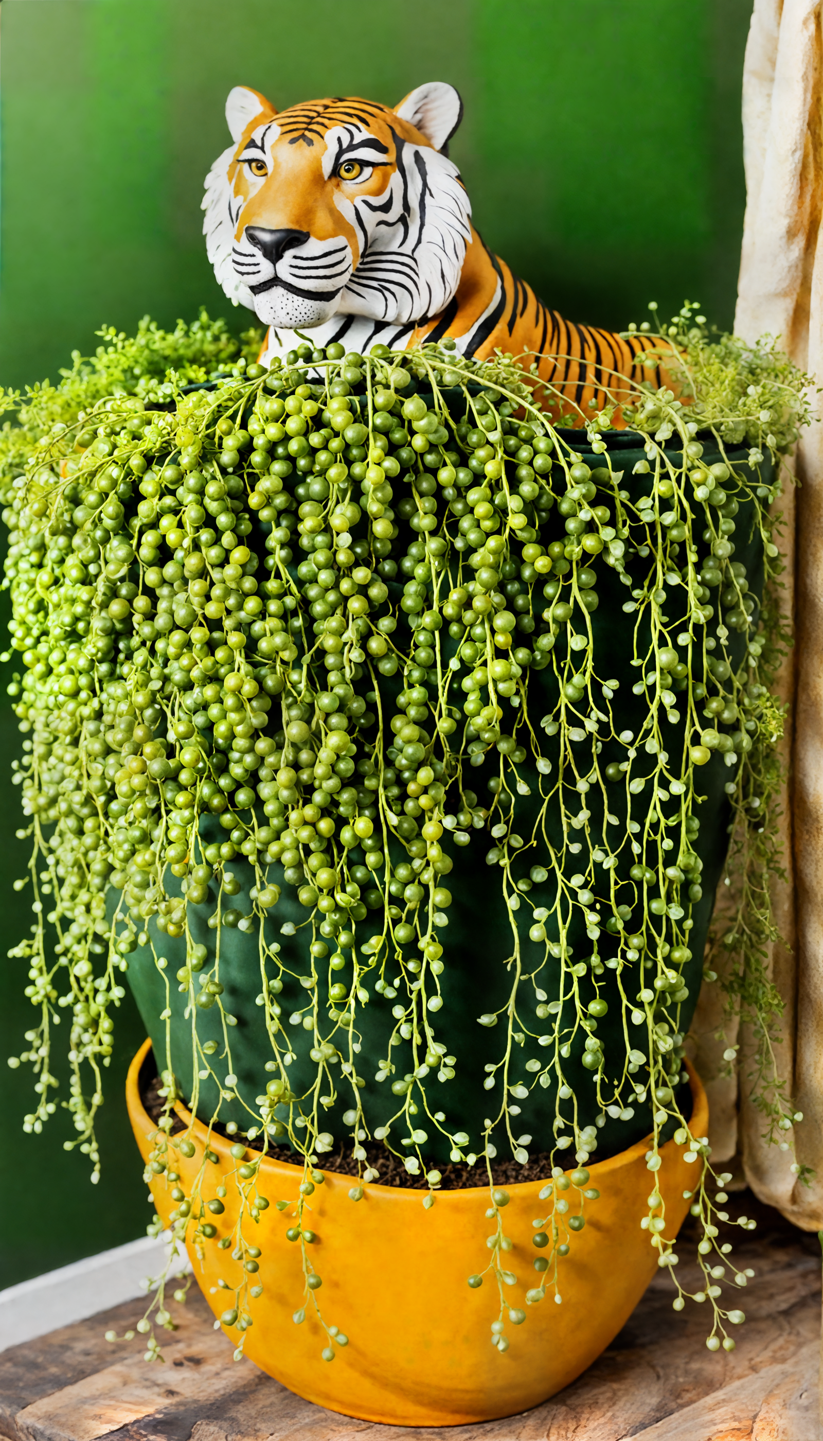 Curio rowleyanus (String of Pearls) in a rustic planter on a wooden table, with clear, neutral lighting.