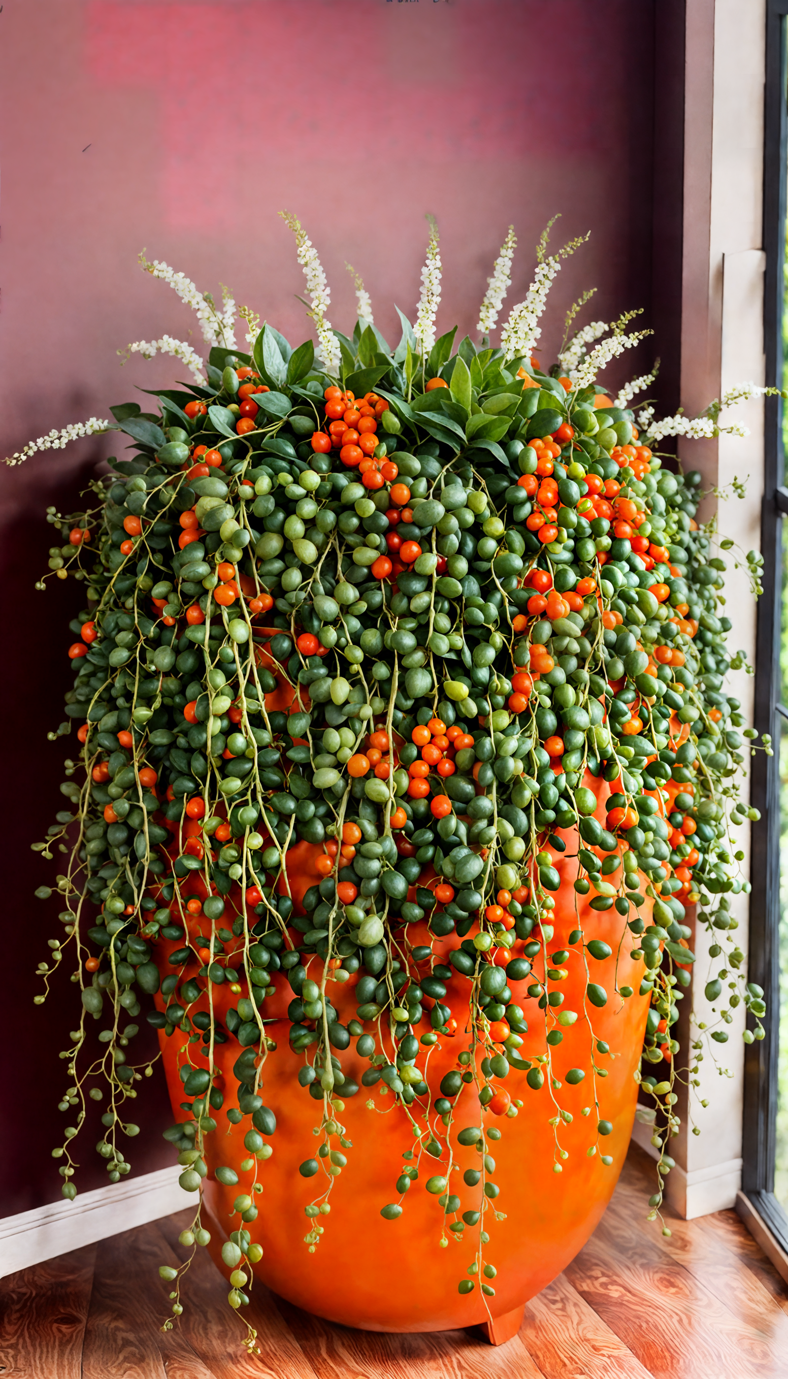 Curio rowleyanus (String of Pearls) in a planter on a wood table with oranges and tomatoes.