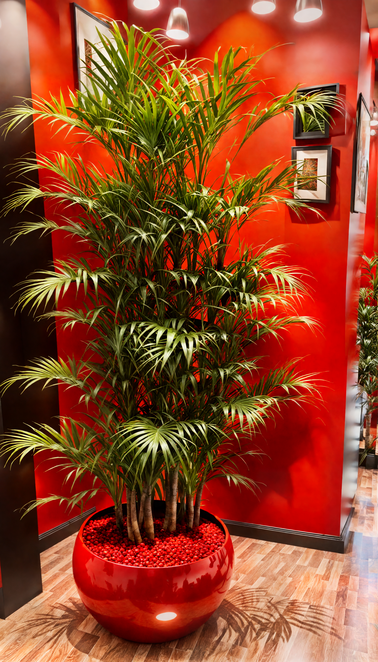 Dypsis lutescens in a red vase on a wooden floor against a red wall, clear lighting, industrial decor.