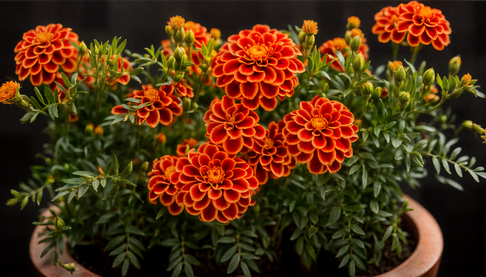 Vibrant red and orange Tagetes erecta flowers arranged in a bowl, with clear lighting against a dark background.