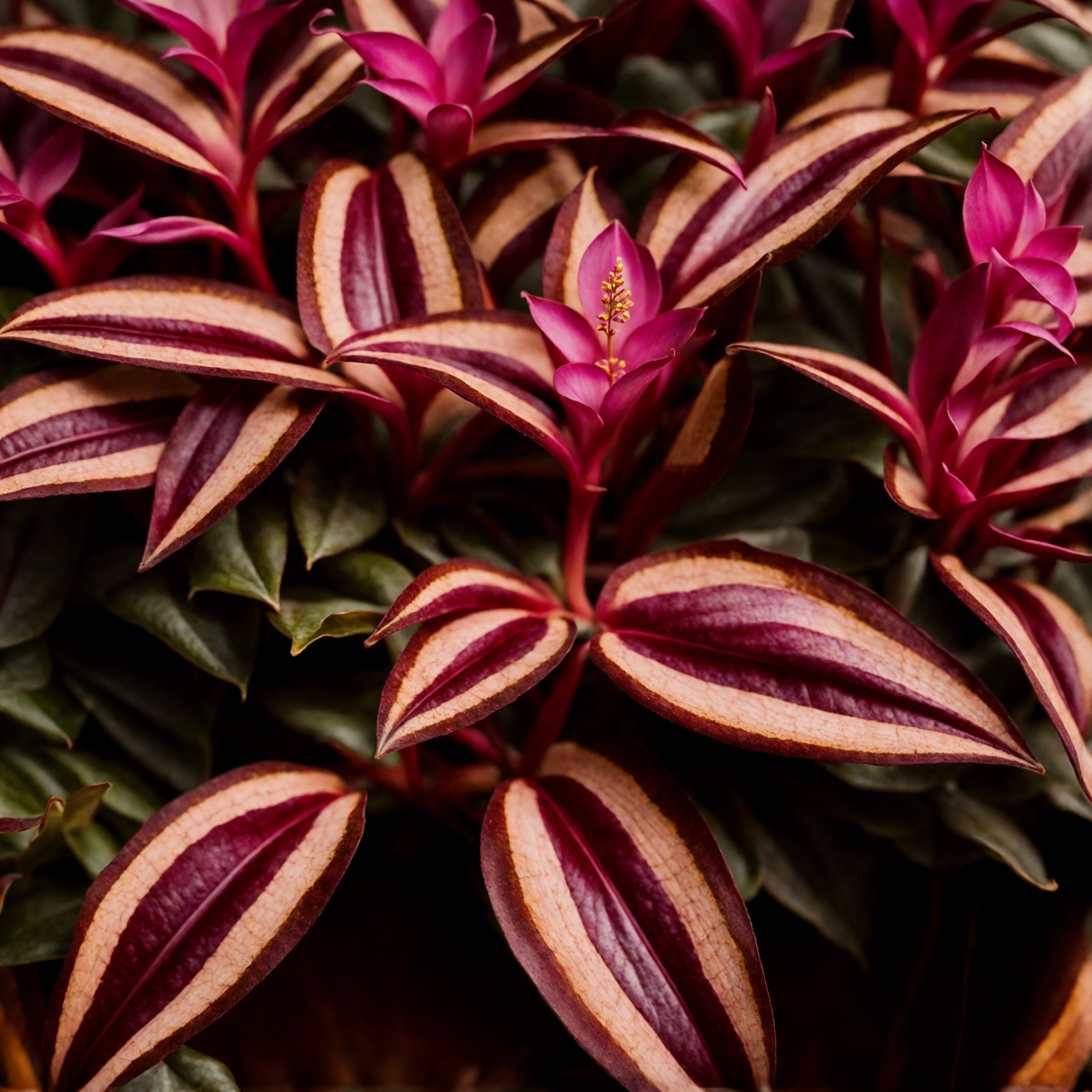 Tradescantia zebrina with pink blooms and variegated leaves, in a planter against a dark background.