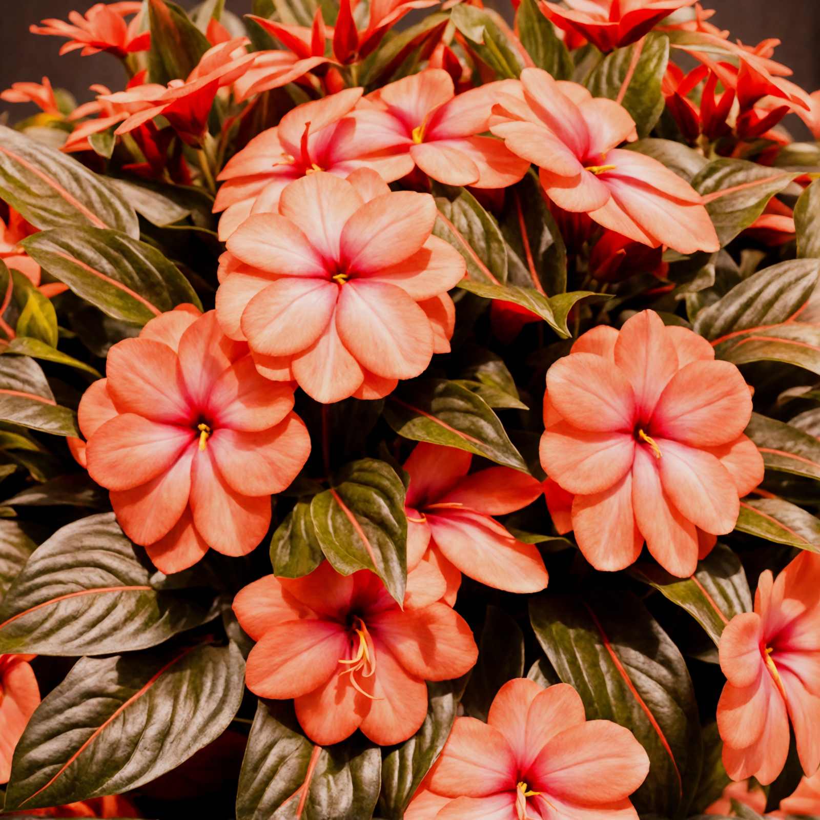 Vivid red Impatiens hawkeri flowers in a planter, with dark foliage backdrop, in clear indoor lighting.