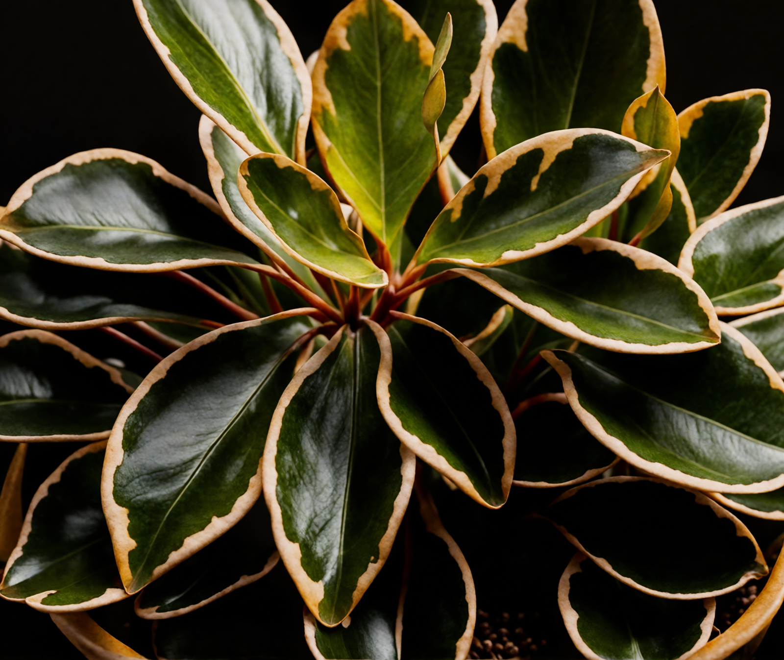 Peperomia clusiifolia with lush leaves in a planter, clear indoor lighting, against a dark background.