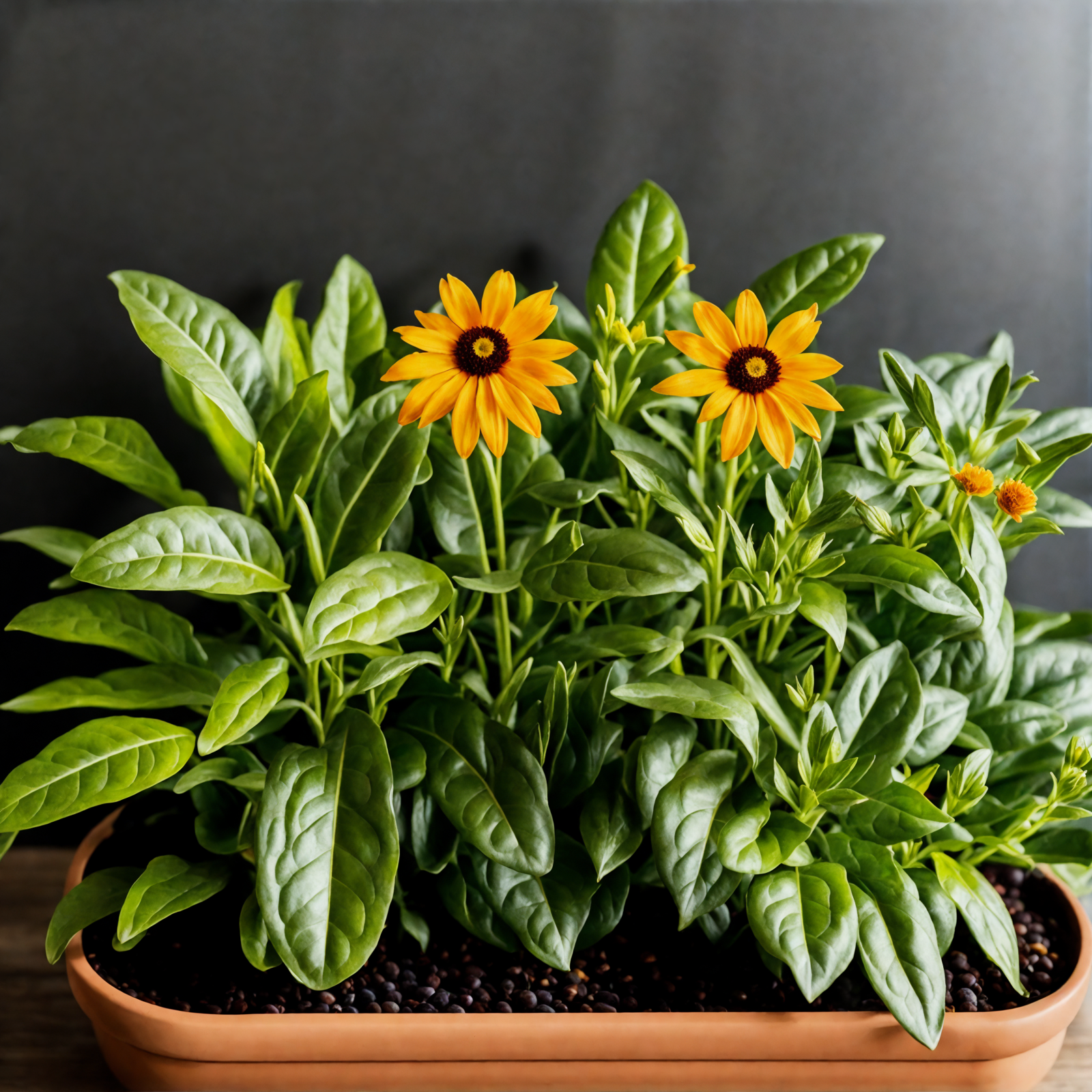 Rudbeckia hirta, with vibrant yellow petals, arranged in a bowl on a table, against a dark background.