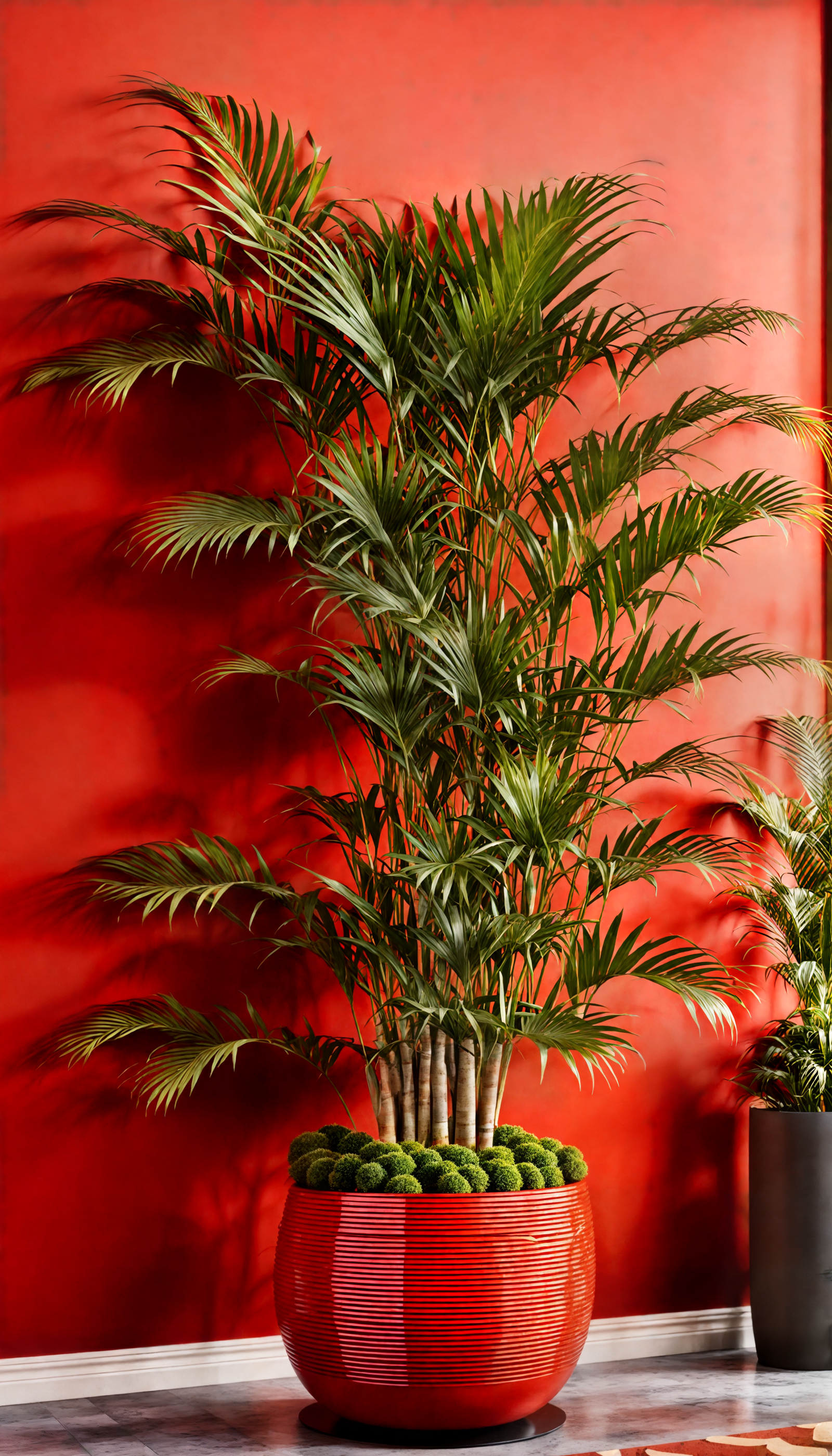 Dypsis lutescens in a red vase on a table, with clear lighting and neutral decor.