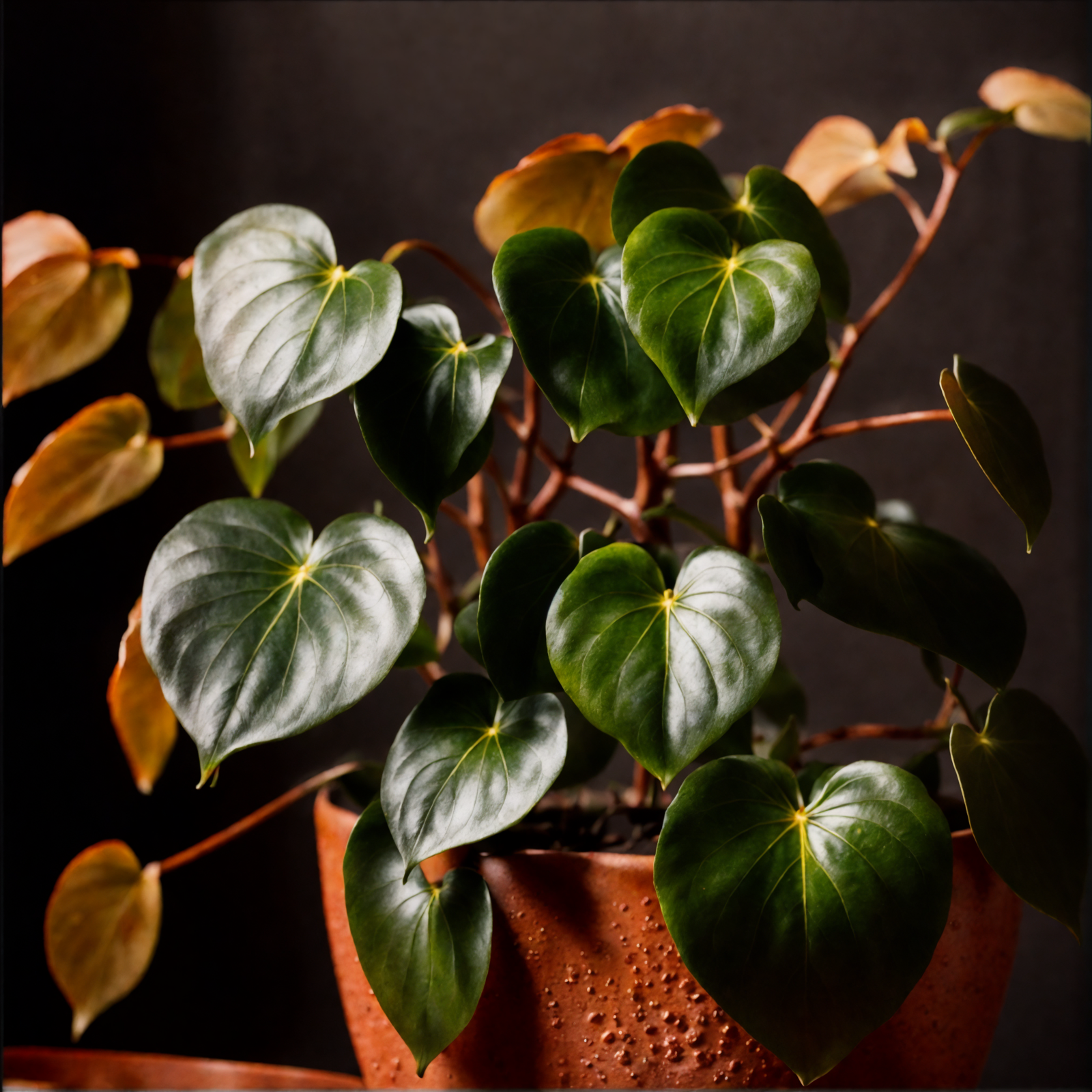 Peperomia polybotrya with heart-shaped leaves in a planter, clear lighting, against a dark background.