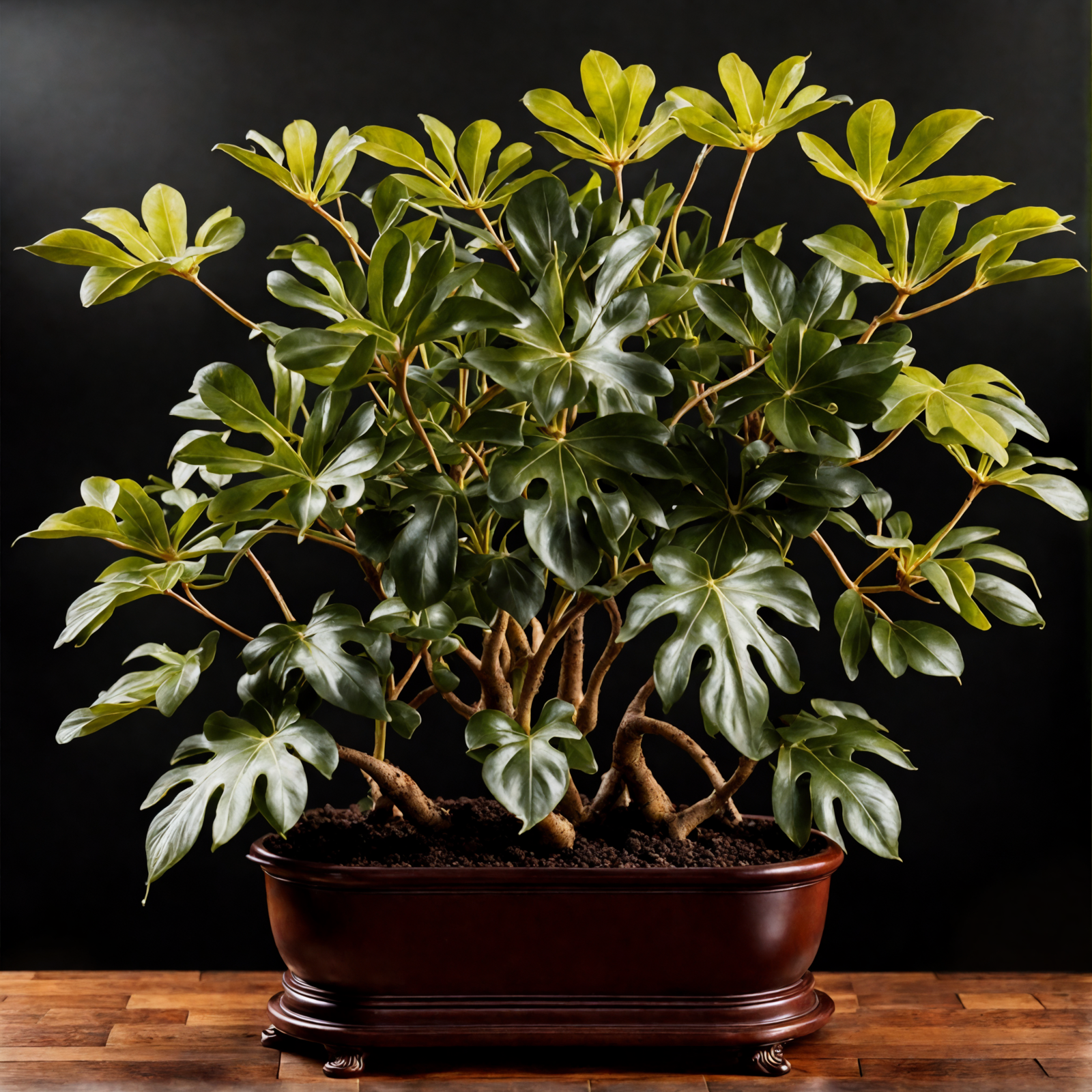Fatsia japonica in a brown bowl on a wooden table, with clear lighting and a dark background.