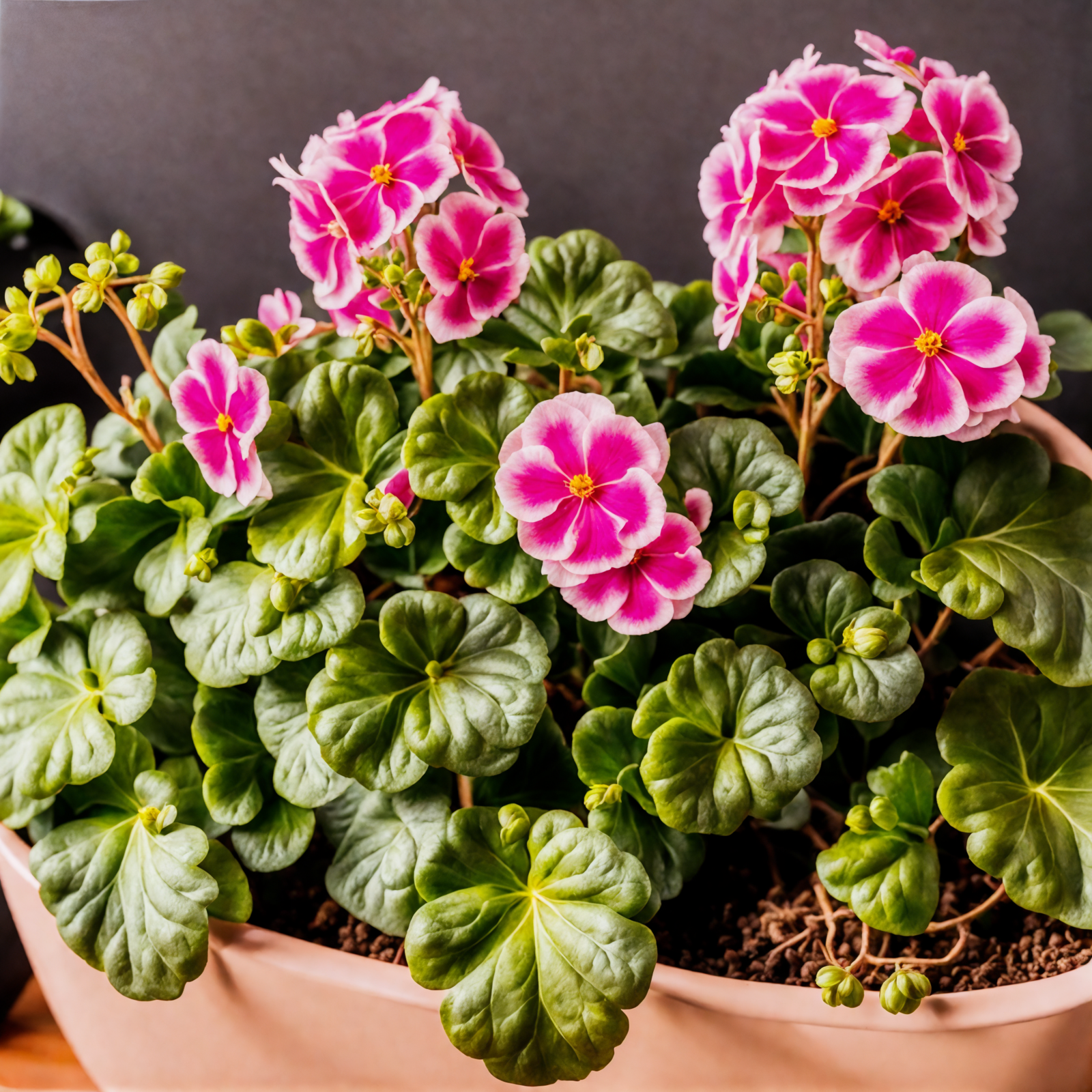 Primula obconica with pink blooms in a bowl, clear lighting, against a dark background, indoor setting.