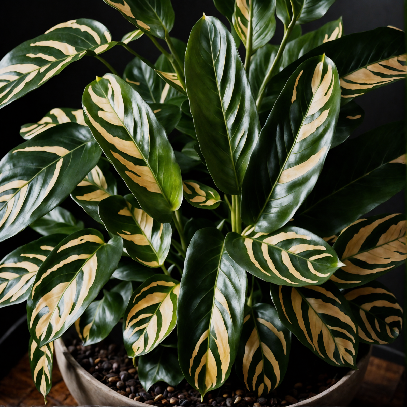 Ctenanthe lubbersiana with variegated leaves in a bowl planter, against a dark background with clear lighting.
