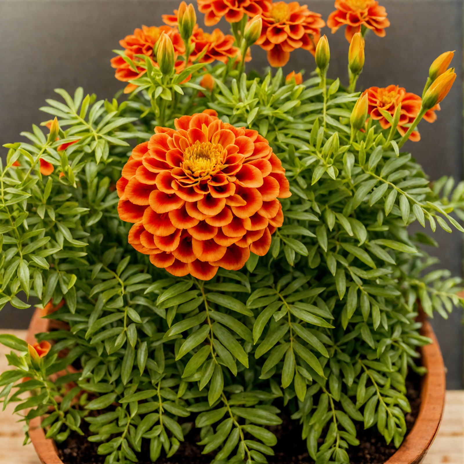 A vibrant cluster of Tagetes erecta (marigolds) in a wooden bowl, with clear lighting against a dark background.