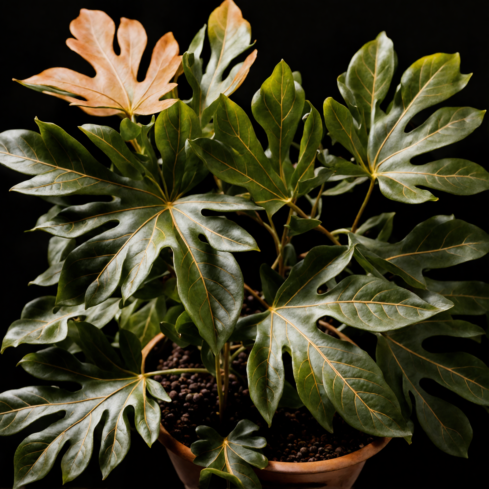 Fatsia japonica in a planter, with glossy leaves, part of indoor decor, clear lighting, against a dark background.