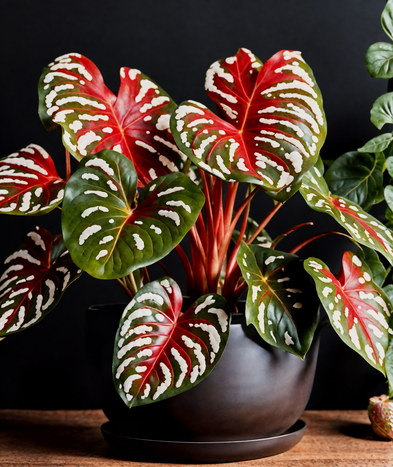 A group of red Caladium bicolor leaves in a brown bowl on a wooden table, with clear lighting and a dark background.