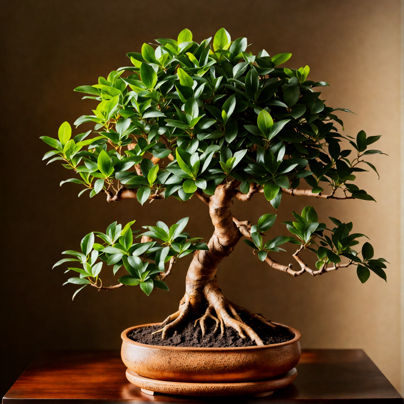 A Ficus microcarpa in a bowl on a table, with another behind it, in clear, neutral-lit indoor setting.