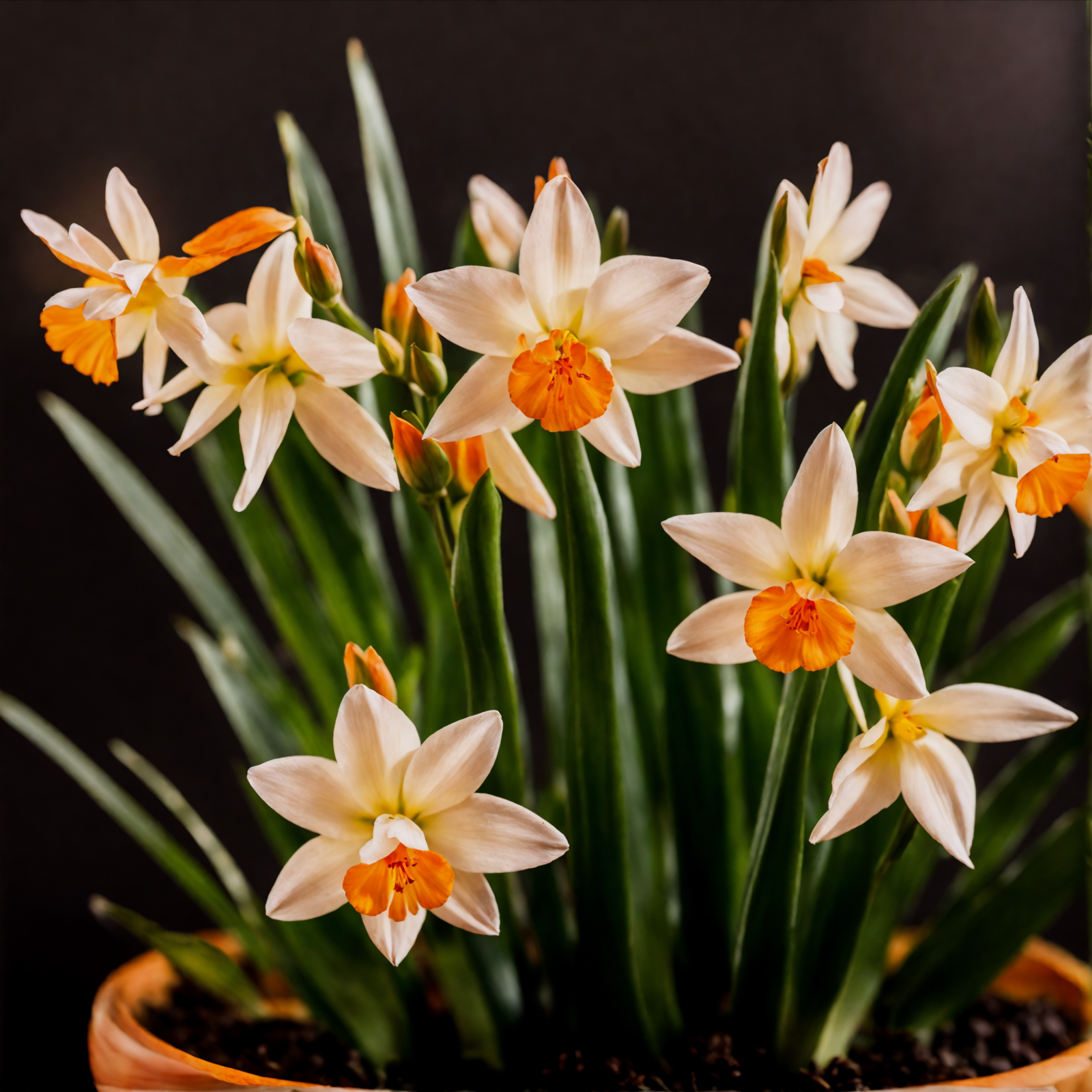 Narcissus tazetta flowers, white with orange centers, arranged in a bowl, with clear lighting against a dark background.
