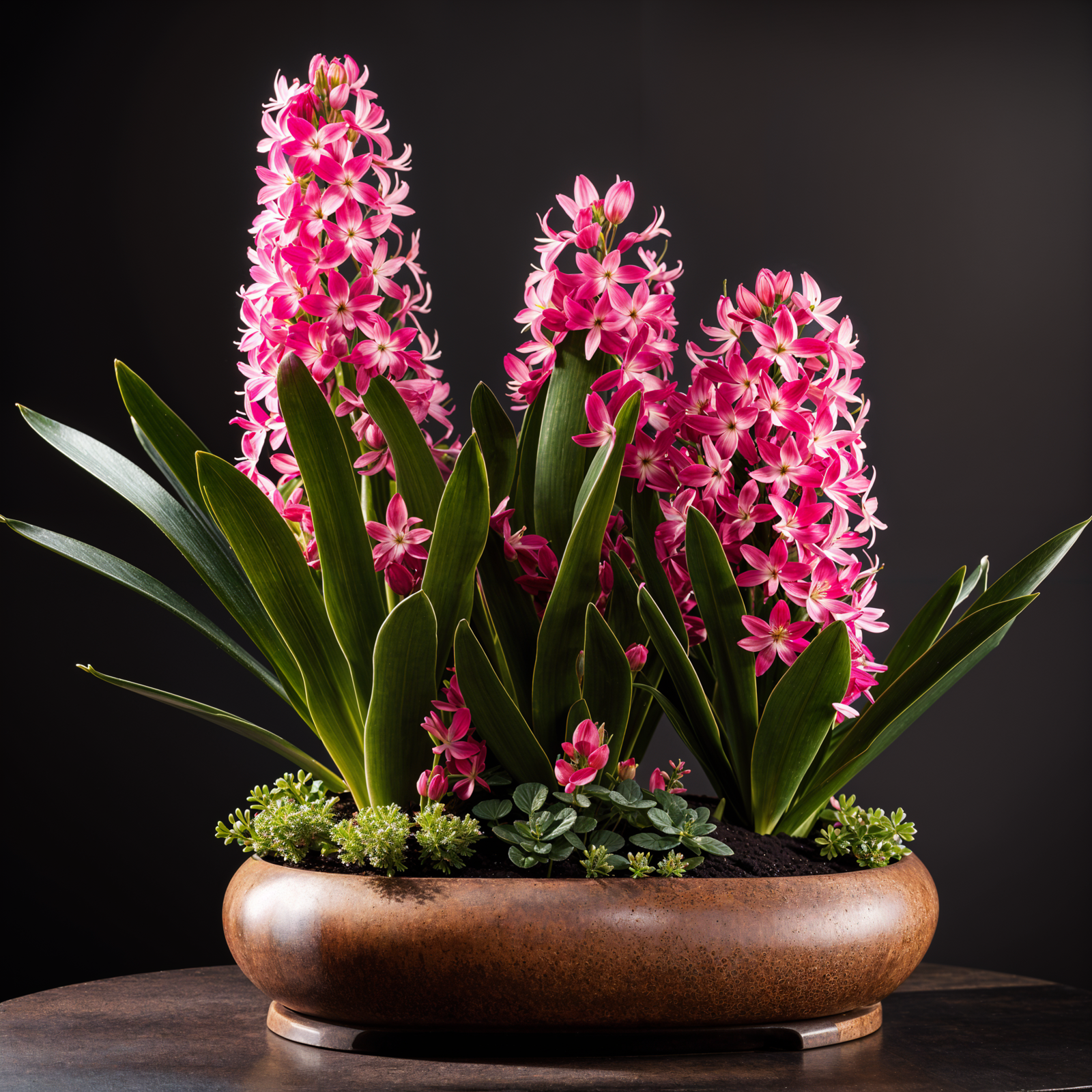Hyacinthus orientalis in a planter, blooming under clear indoor lighting, against a dark background.