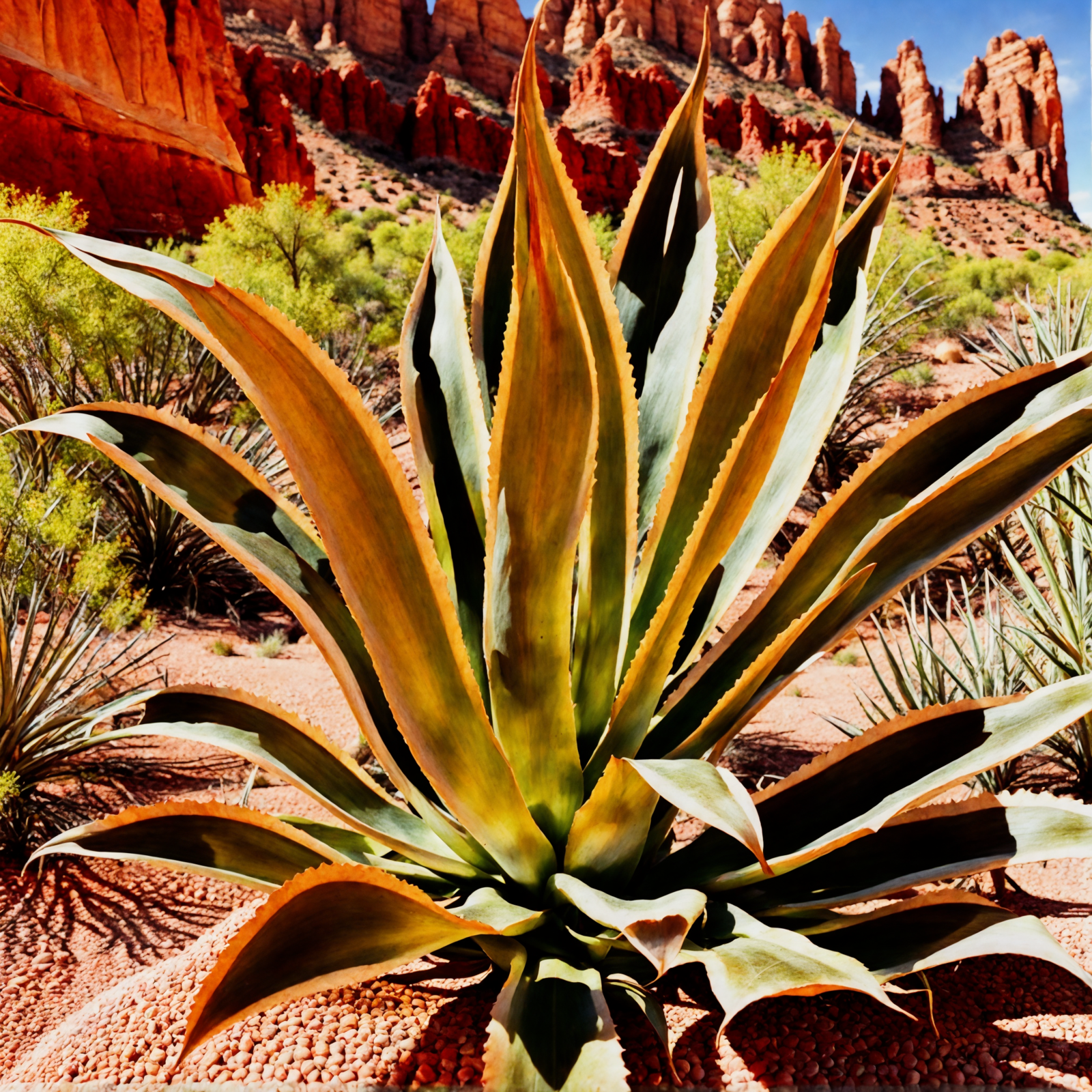 Agave americana with thick leaves thriving among desert flora, under bright Arizona sunlight.