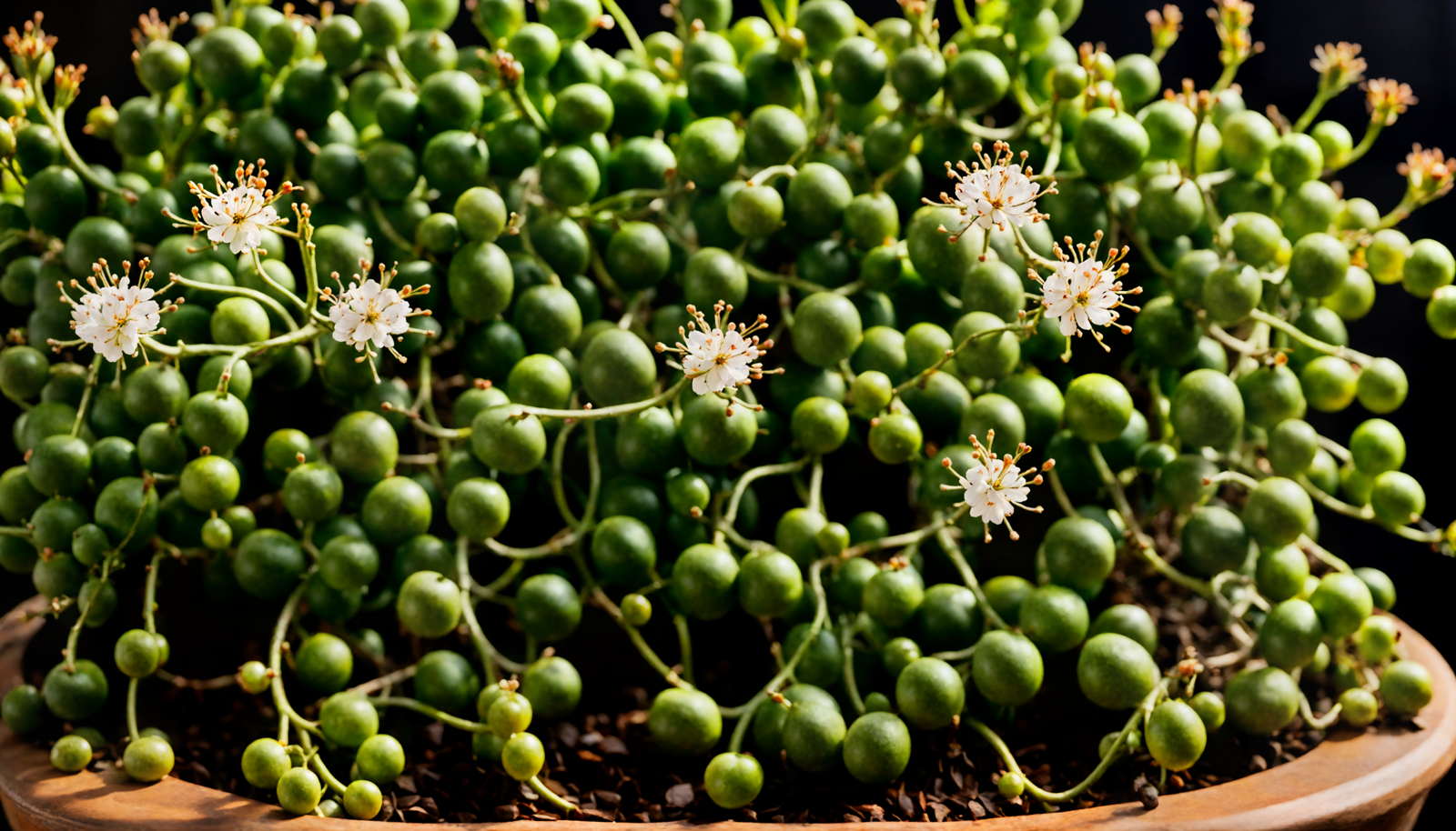 A bowl of Curio rowleyanus (String of Pearls) with trailing vines and spherical leaves, against a dark background.