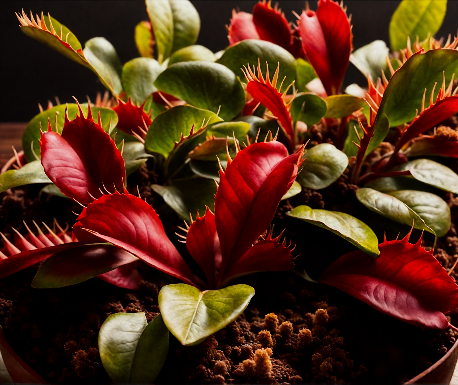 Dionaea muscipula (Venus flytrap) with red flowers in a bowl, clear indoor lighting, against a dark background.
