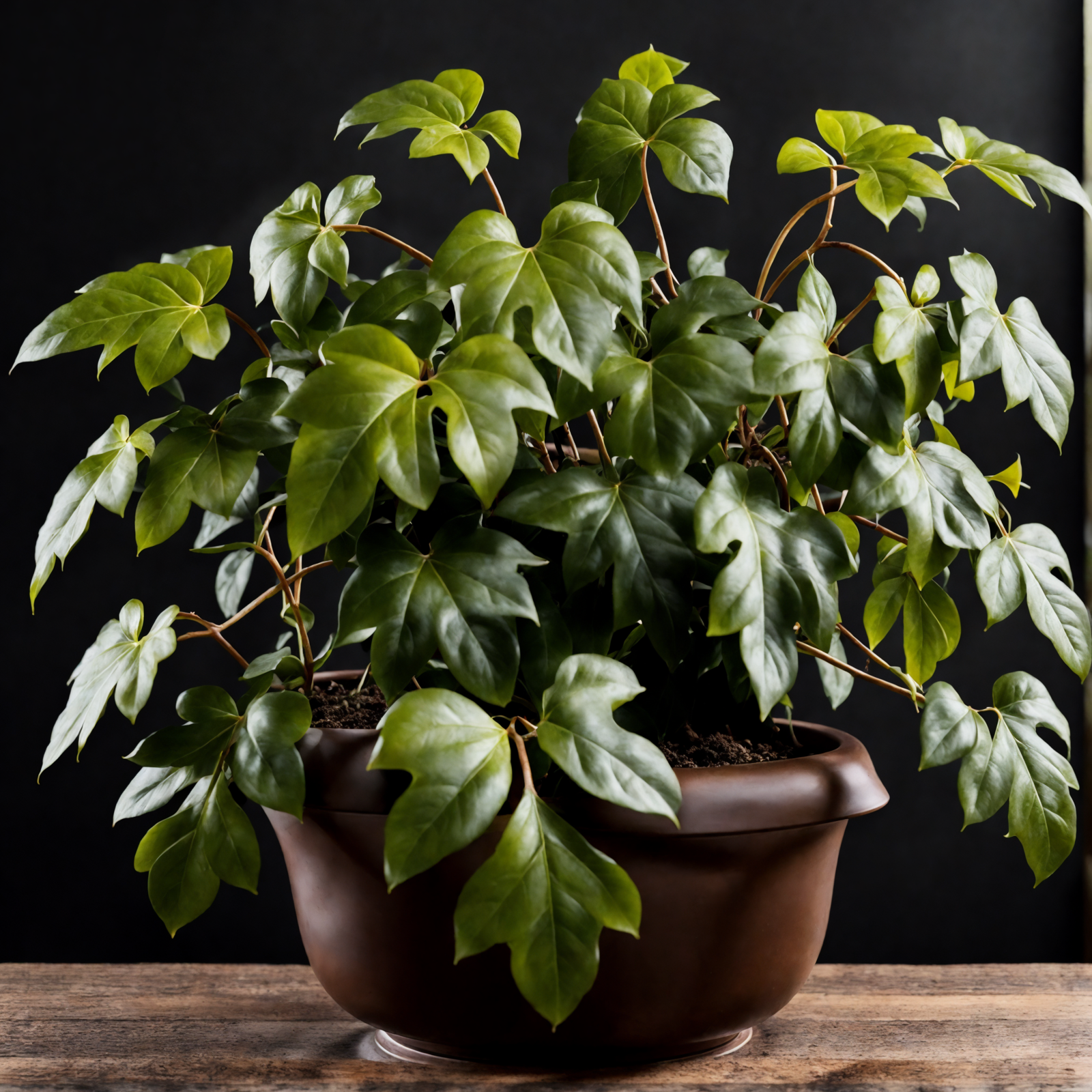 A Cissus alata plant in a brown bowl on a wooden table, with clear lighting and a dark background.