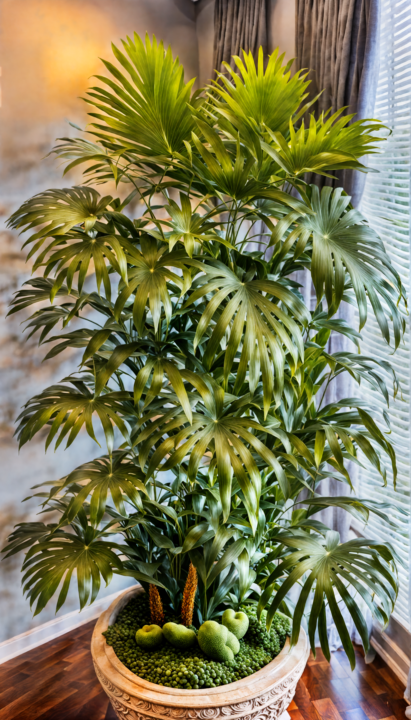 Rhapis excelsa in a bowl planter on a wooden floor, with clear, neutral lighting.