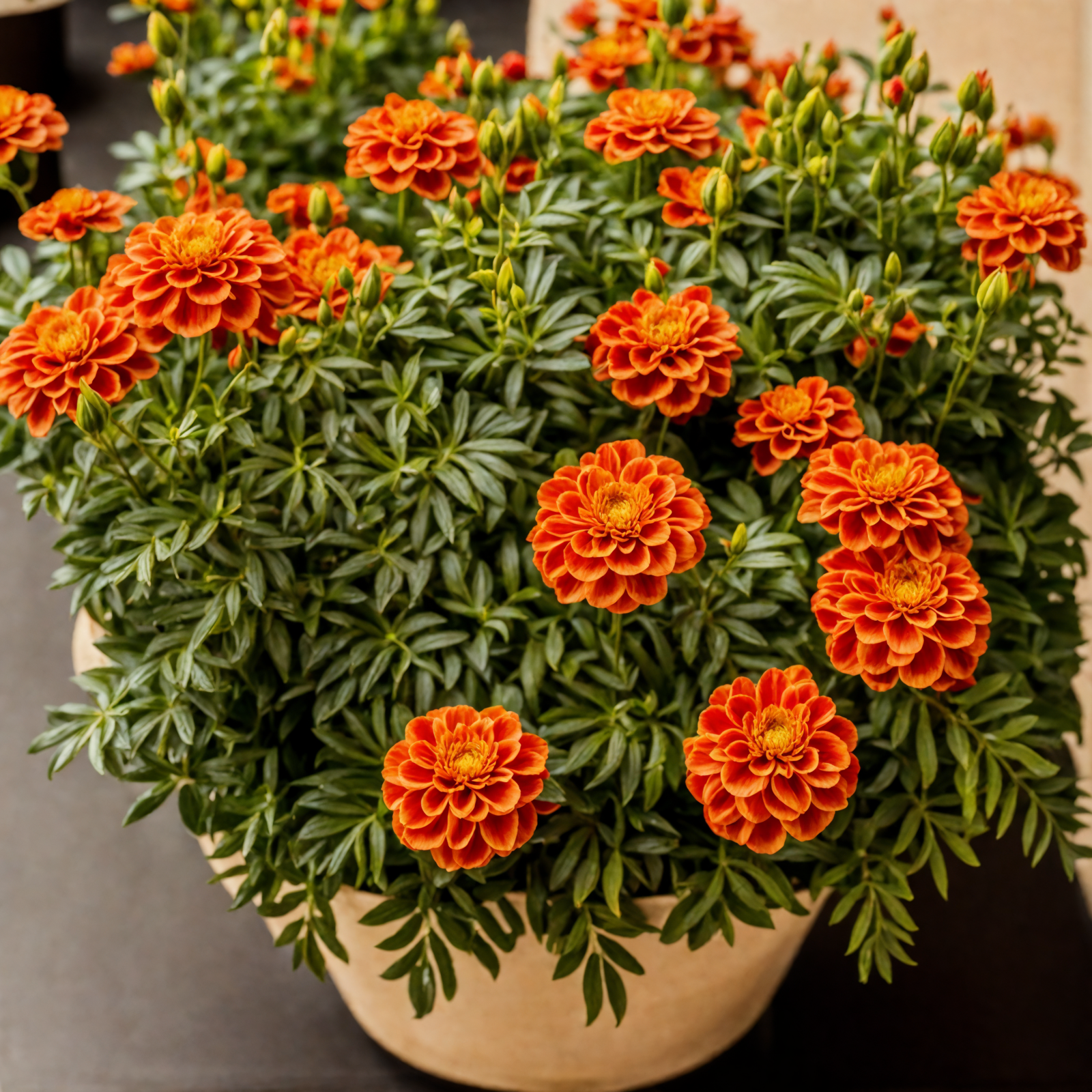 Vibrant orange Tagetes erecta flowers in a brown planter, with clear lighting and a dark background.