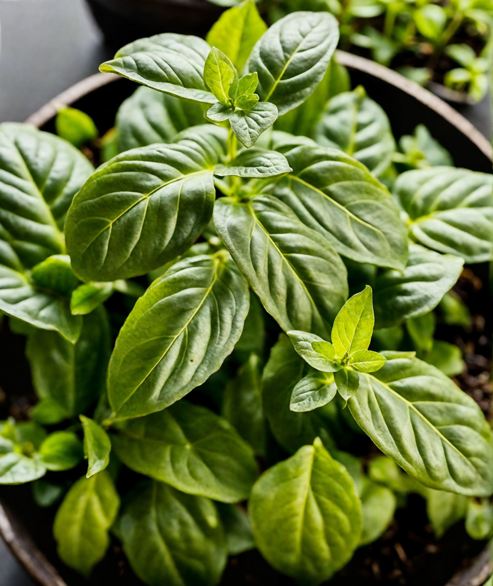 Potted Ocimum basilicum (basil) with vibrant green leaves, in a bowl, against a dark background, clear indoor lighting.