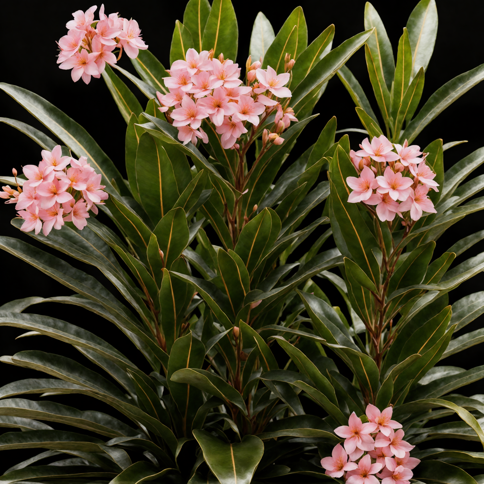 Nerium oleander with pink blossoms in a planter, clear lighting, against a dark background.
