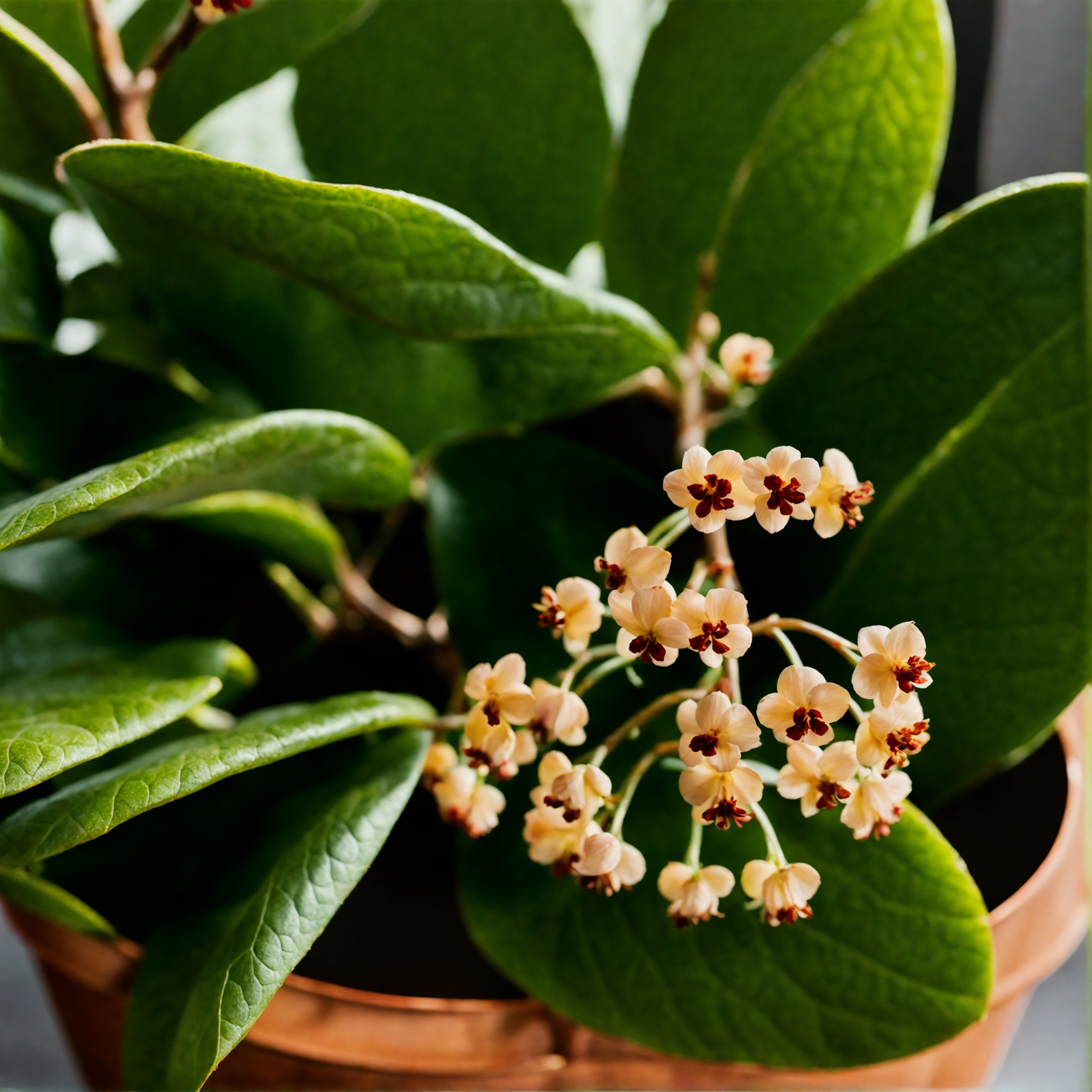 Hoya kerrii with heart-shaped leaves and white flowers in a pot, clear lighting, against a dark background.