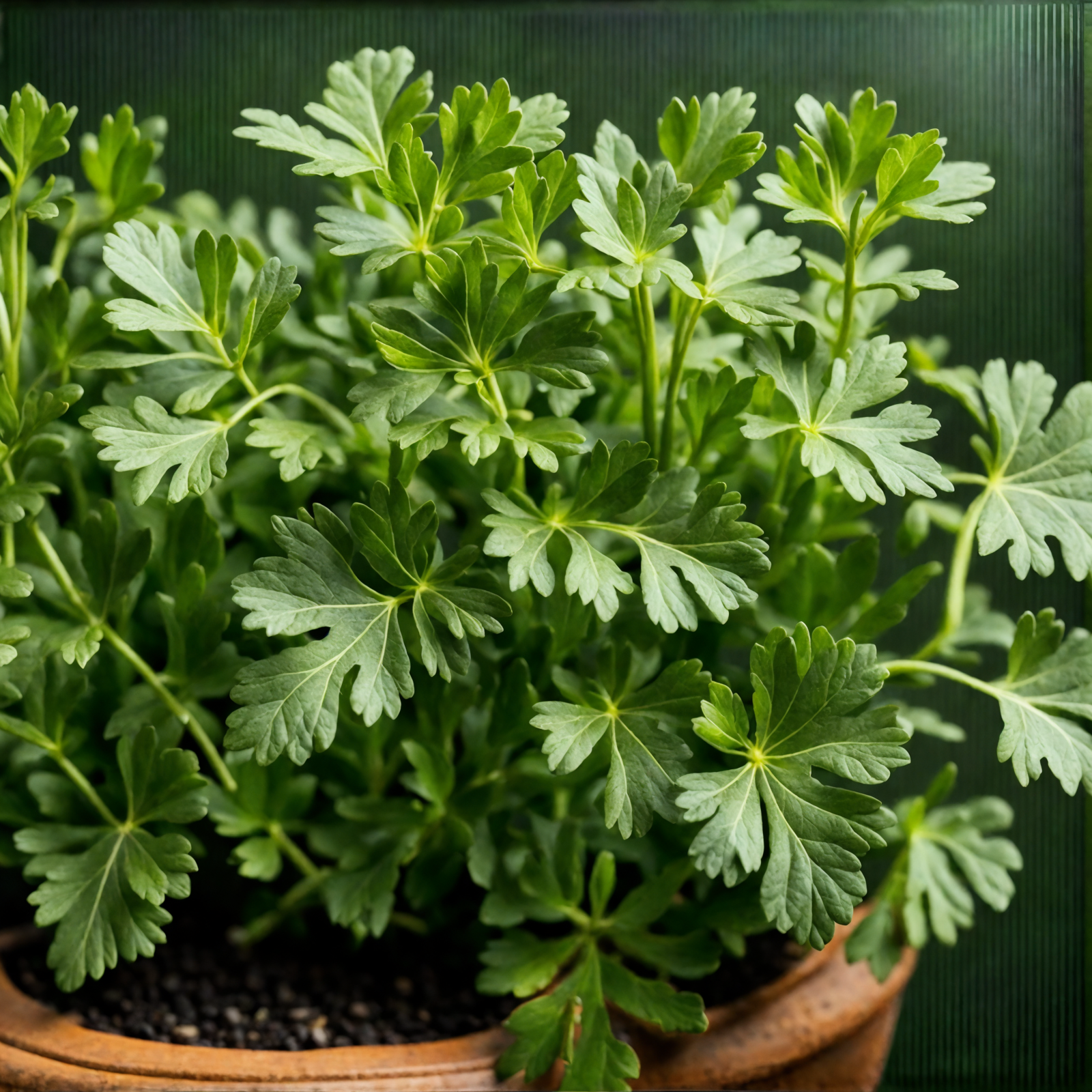 A realistic parsley (Petroselinum crispum) plant in a bowl, with a dark background and clear lighting.