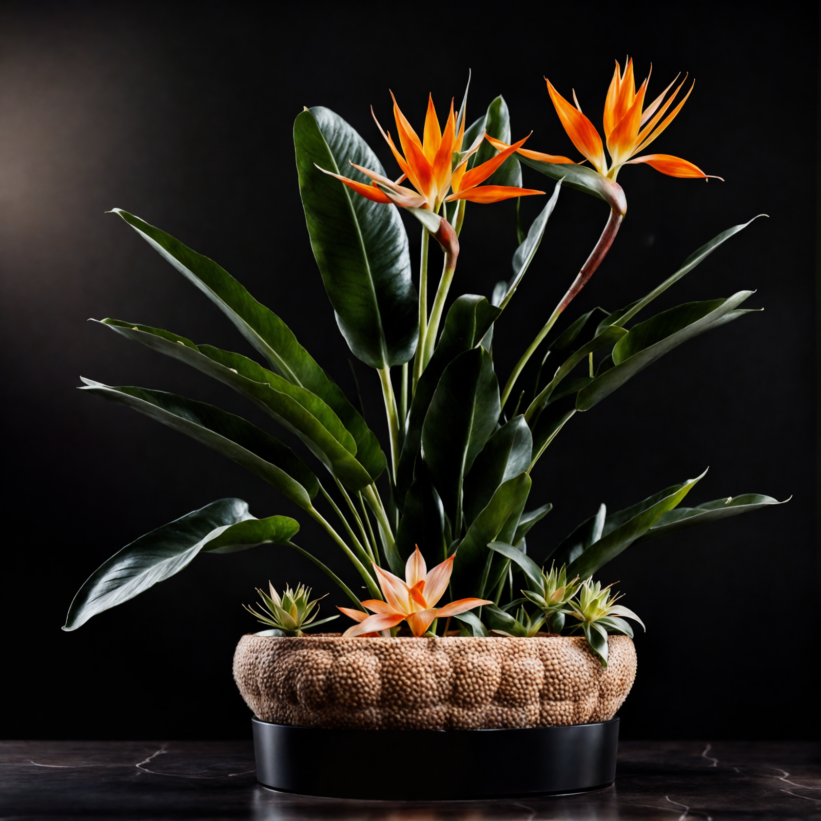 Strelitzia reginae, or Bird of Paradise, with vibrant orange flowers in a metal bowl, clear indoor lighting.