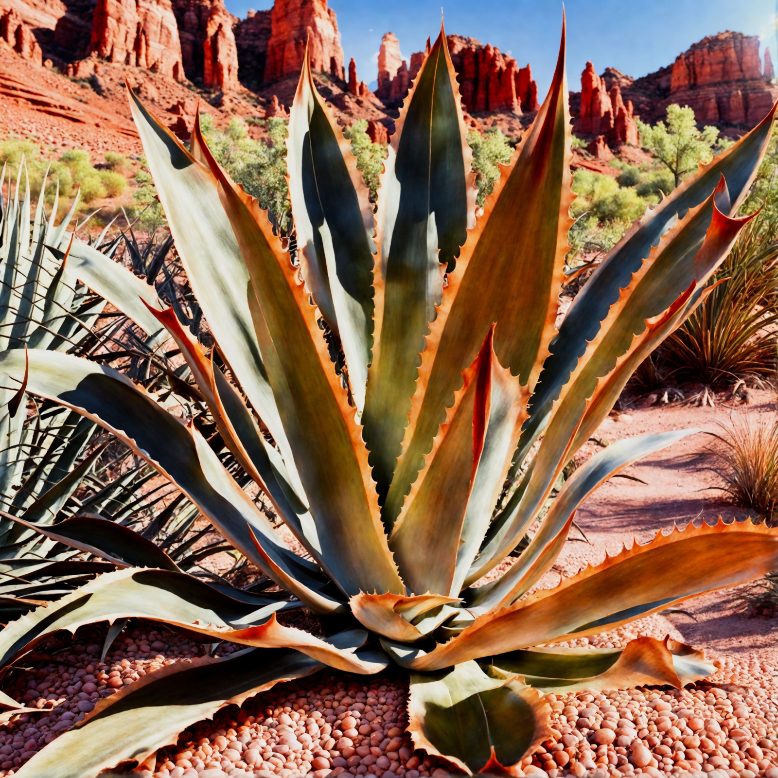 Agave americana plant in Arizona desert, bright sunlight, surrounded by native flora and red rocks.