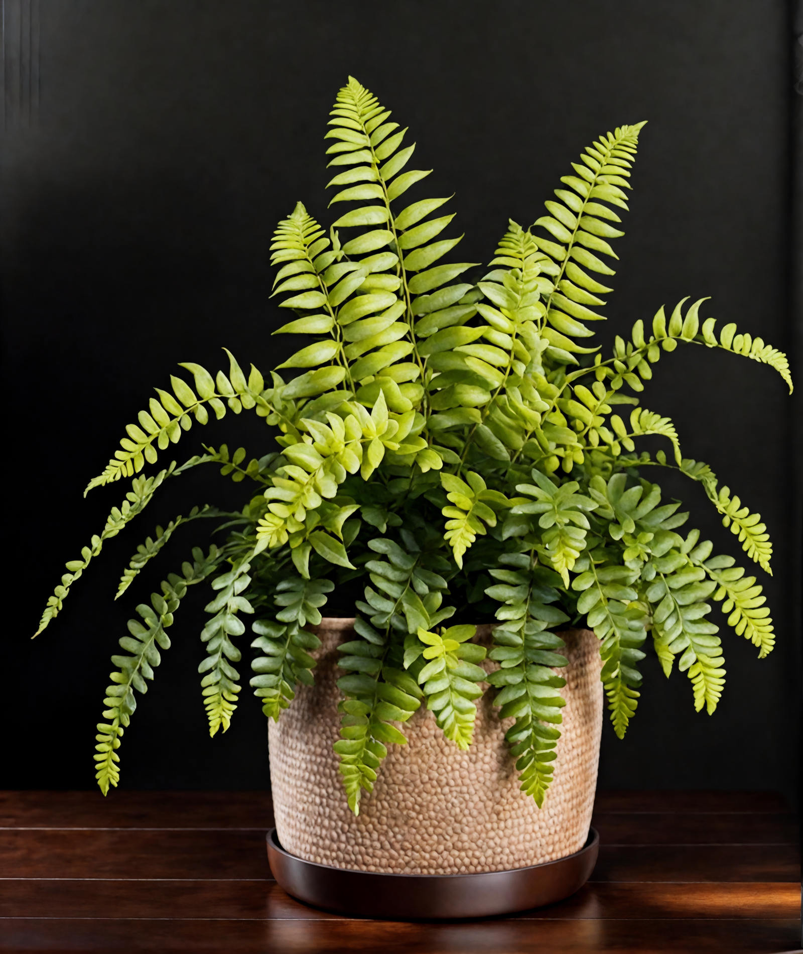 Nephrolepis exaltata (Boston fern) in a brown vase on a wooden table, with clear lighting and a dark background.
