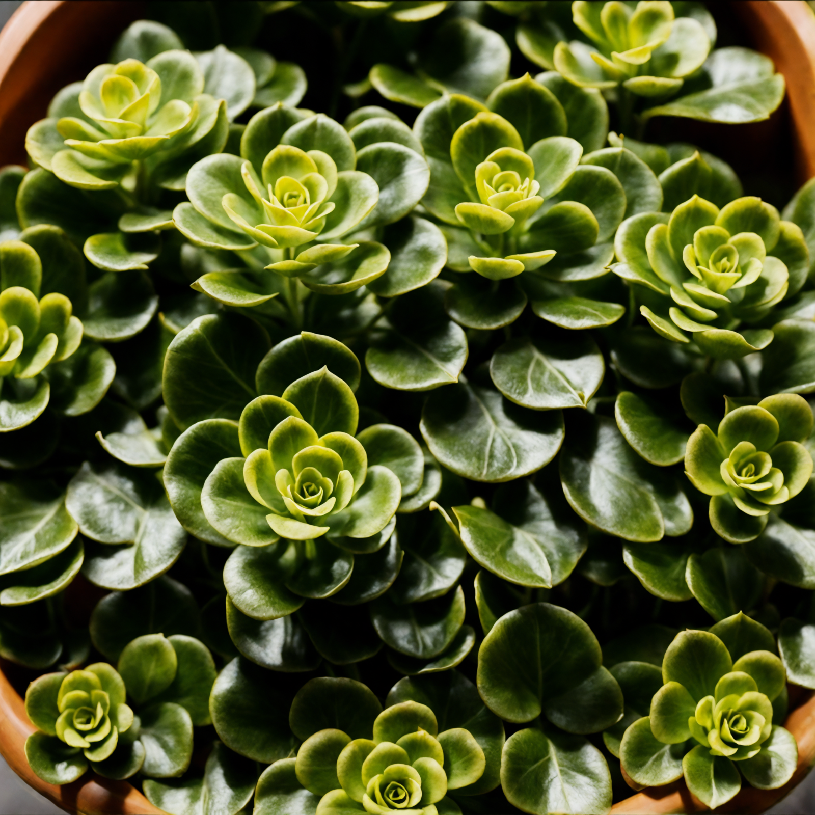 Sedum makinoi in a bowl, with lush green leaves, clear lighting, against a dark background.