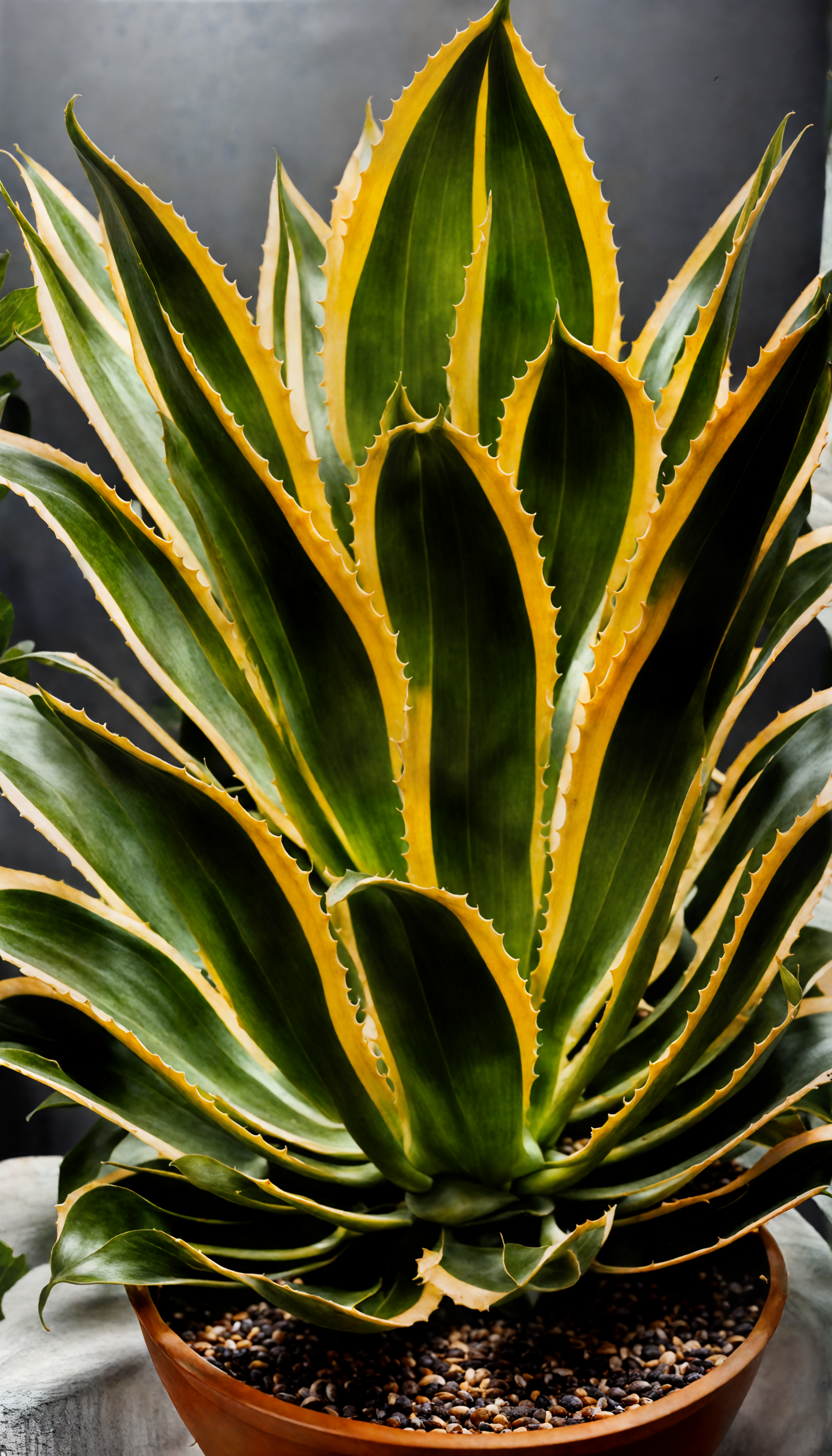 Agave americana in a planter, with a dark background and clear lighting, part of indoor décor.