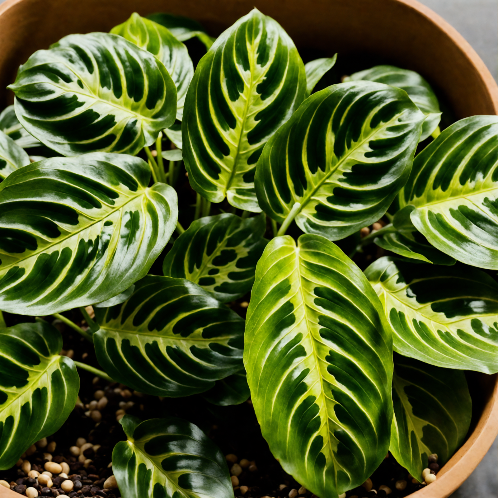 Maranta leuconeura, also known as prayer plant, with vibrant green leaves, in a bowl planter against a dark background.