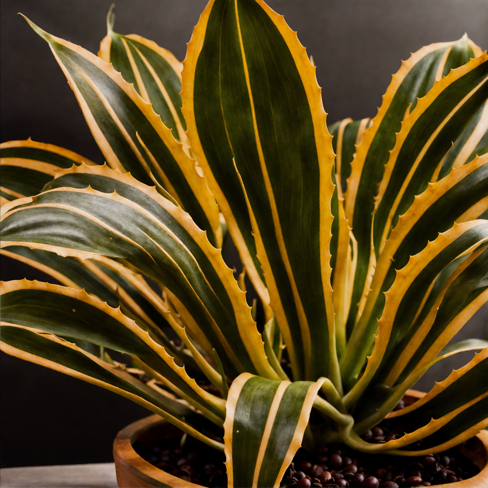 Agave americana in a planter, with a dark background and clear lighting, part of indoor décor.