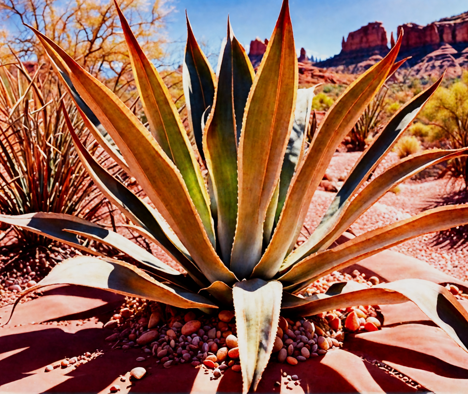 Agave americana with thick leaves in Arizona desert, red rocks behind, under bright sunlight.