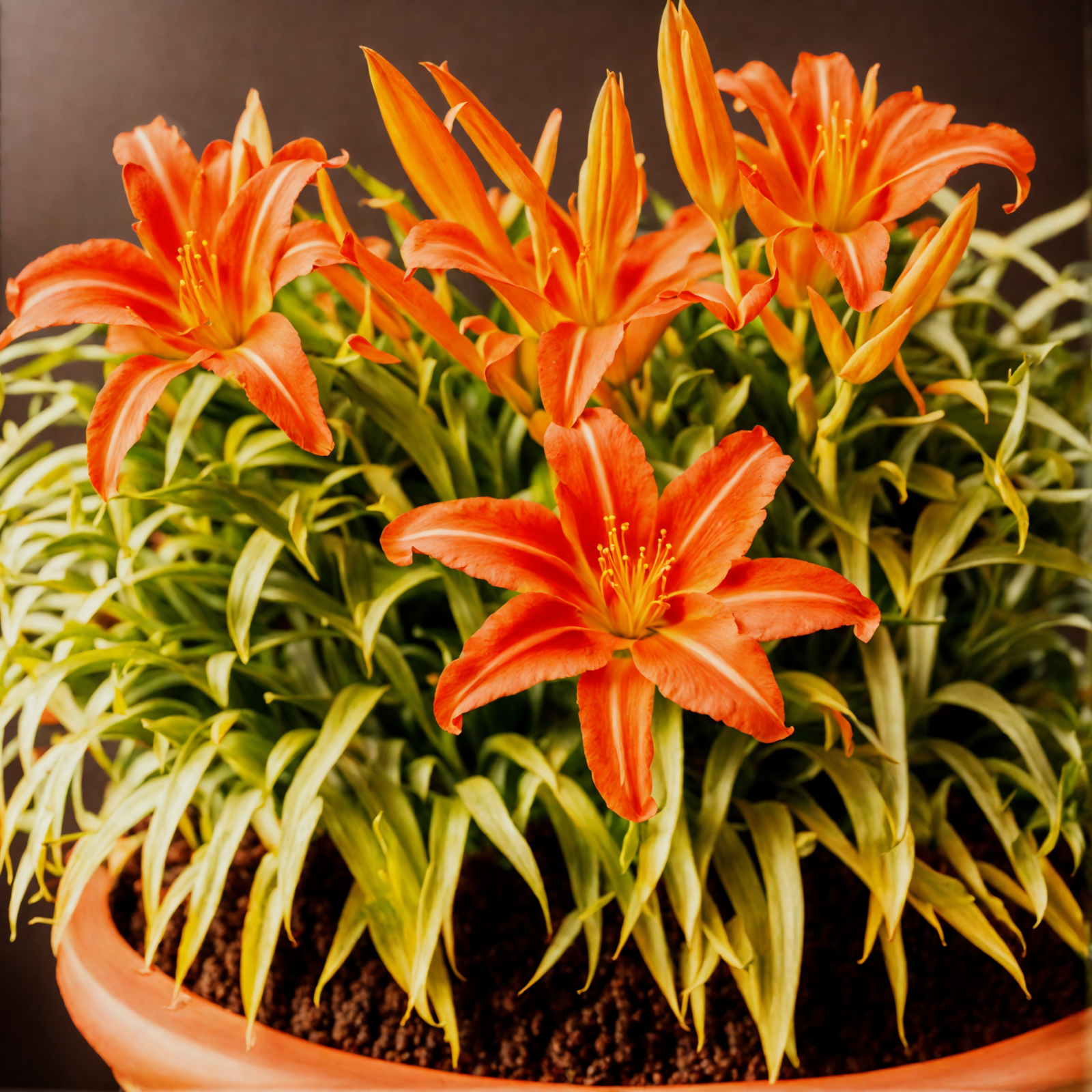 Hemerocallis fulva, or orange daylilies, arranged in a bowl as indoor decor, with clear lighting and a dark background.