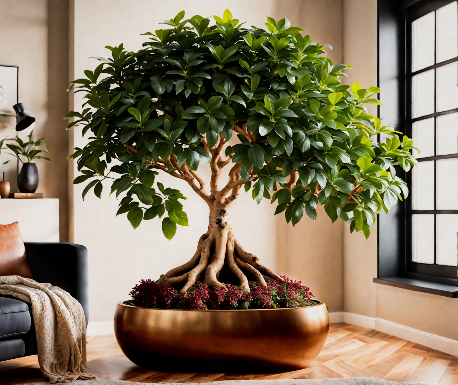 Ficus microcarpa in a planter, with neutral decor and clear lighting.
